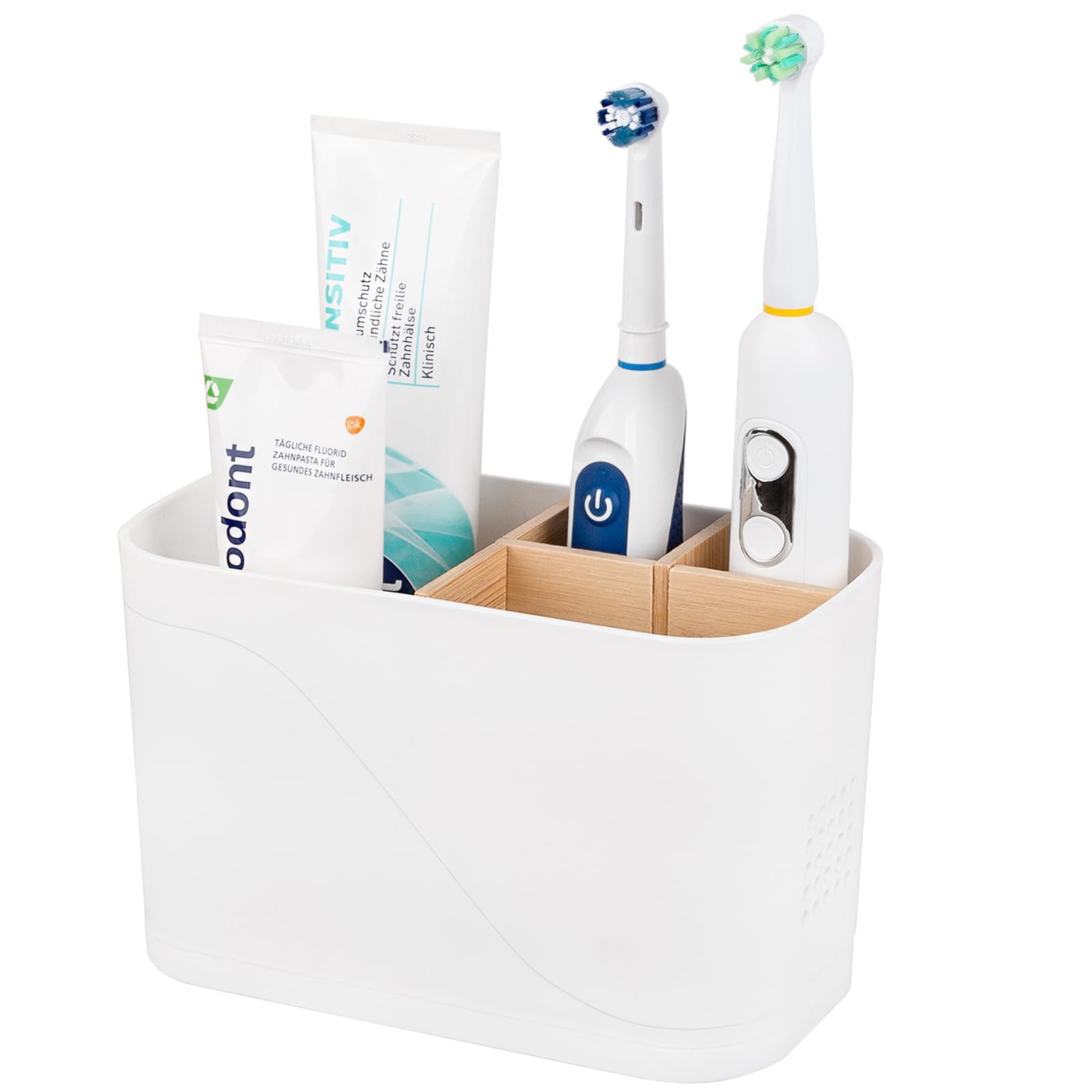 Electric Toothbrush Holder 3 Slots Tooth Brushing Holder with Bamboo Dividers for Bathrooms, Plastic Toothbrush and Toothpaste Organizer for Shower, Countertop, Vanity, Black