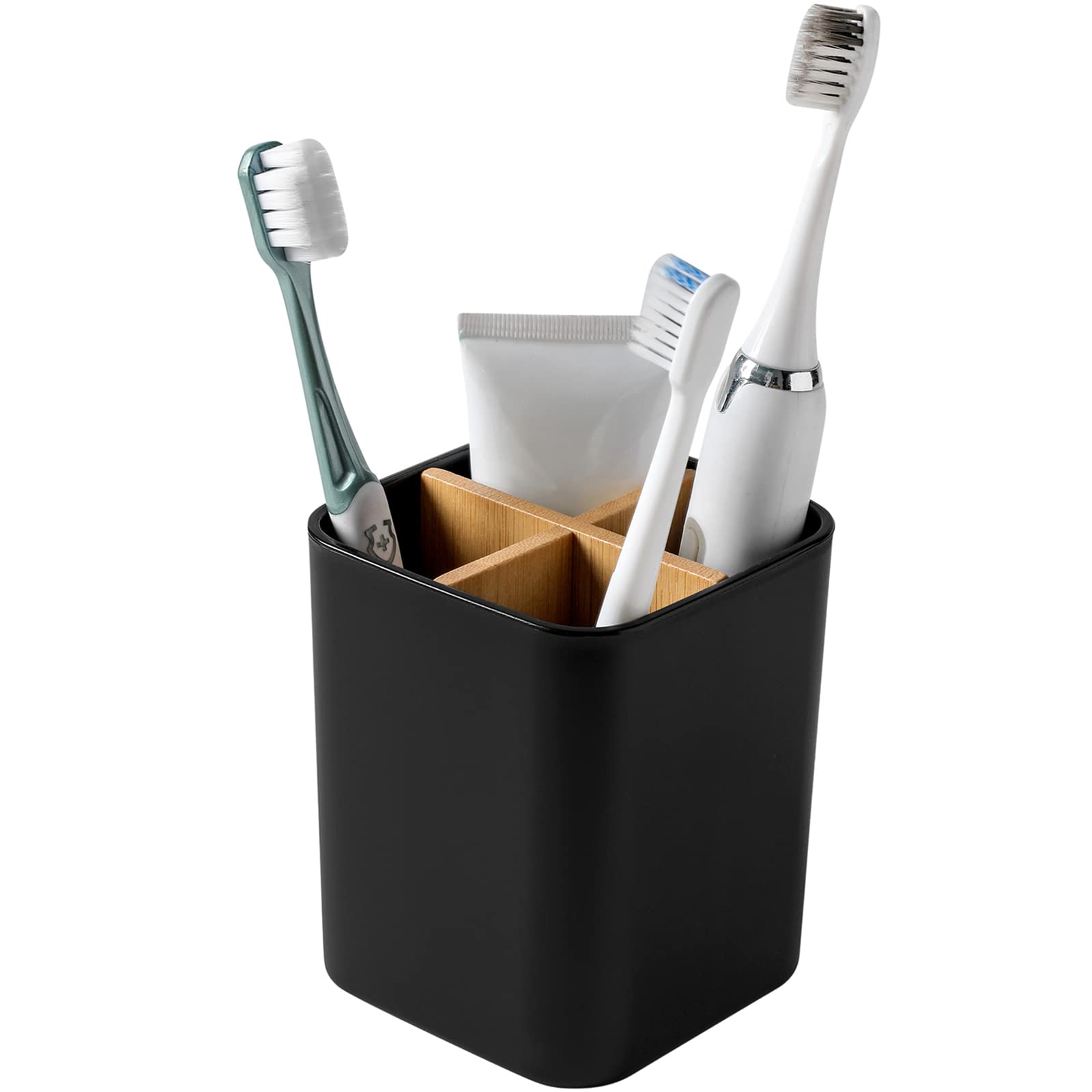 Bamboo Toothbrush Holder for Bathrooms, 3 Slots Toothbrush and Toothpaste Holder Bathroom Counter Organizer for Electric Toothbrushes, Floss, Razors - Black