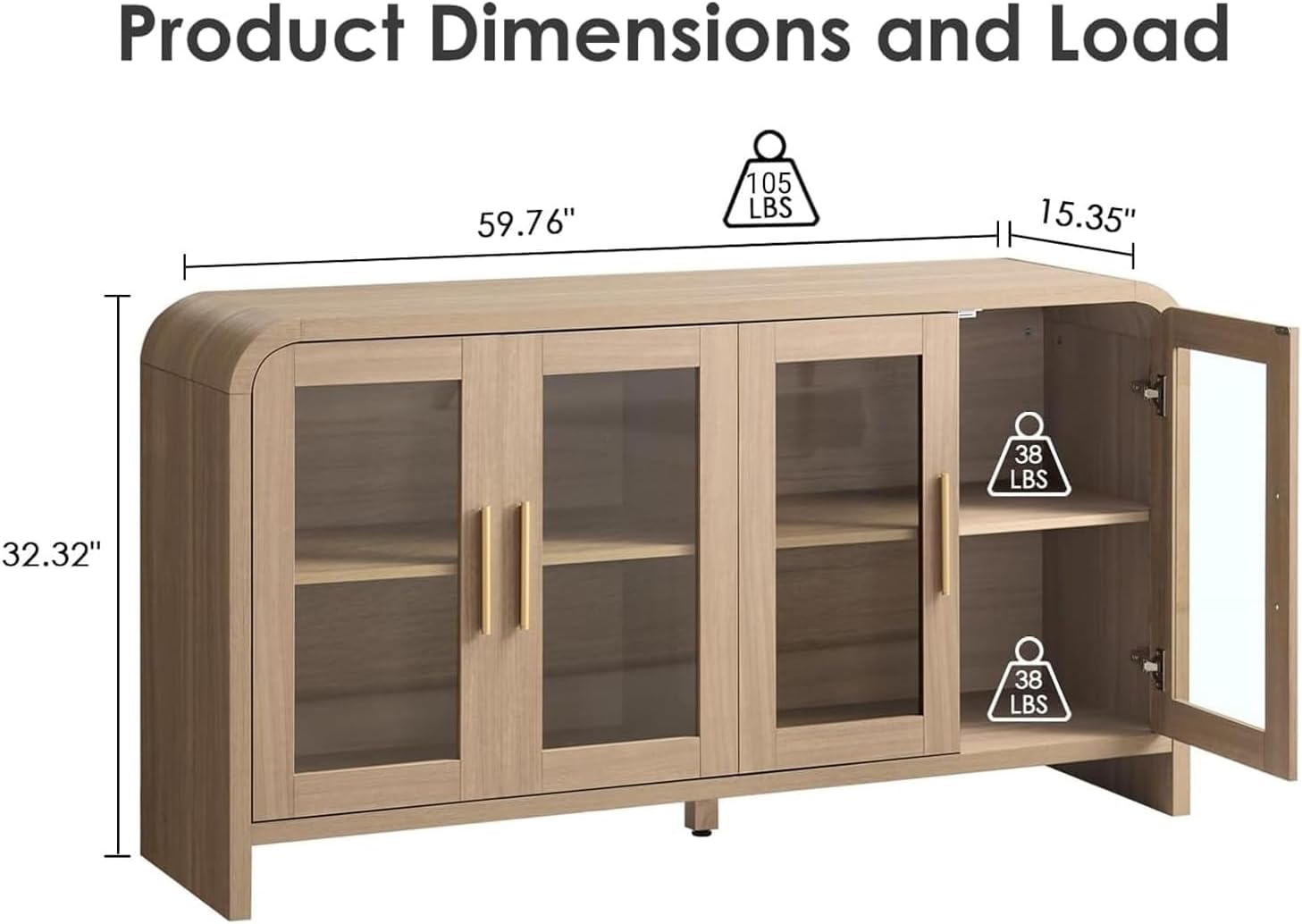 59" Sideboard Buffet Cabinet with Storage, Sideboard Cabinet with Adjustable Shelves & 4 Glass Doors,Coffee Bar Console Table for Kitchen, Living Room, Entryway (Natural Oak)