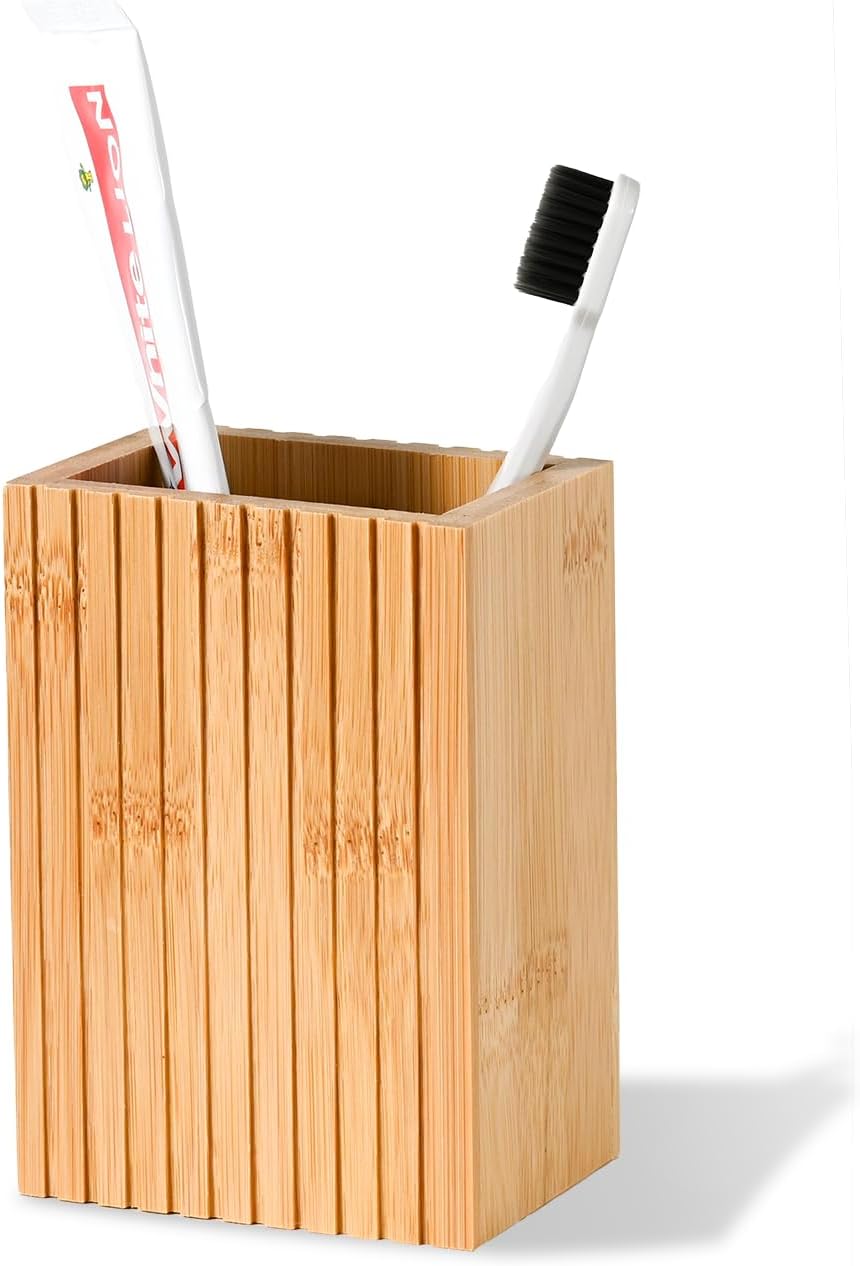 Natural Bamboo Toothbrush Holder, Fluted Square Design for Countertop, Multipurpose Pen Holder or Desktop Organizer, Natural