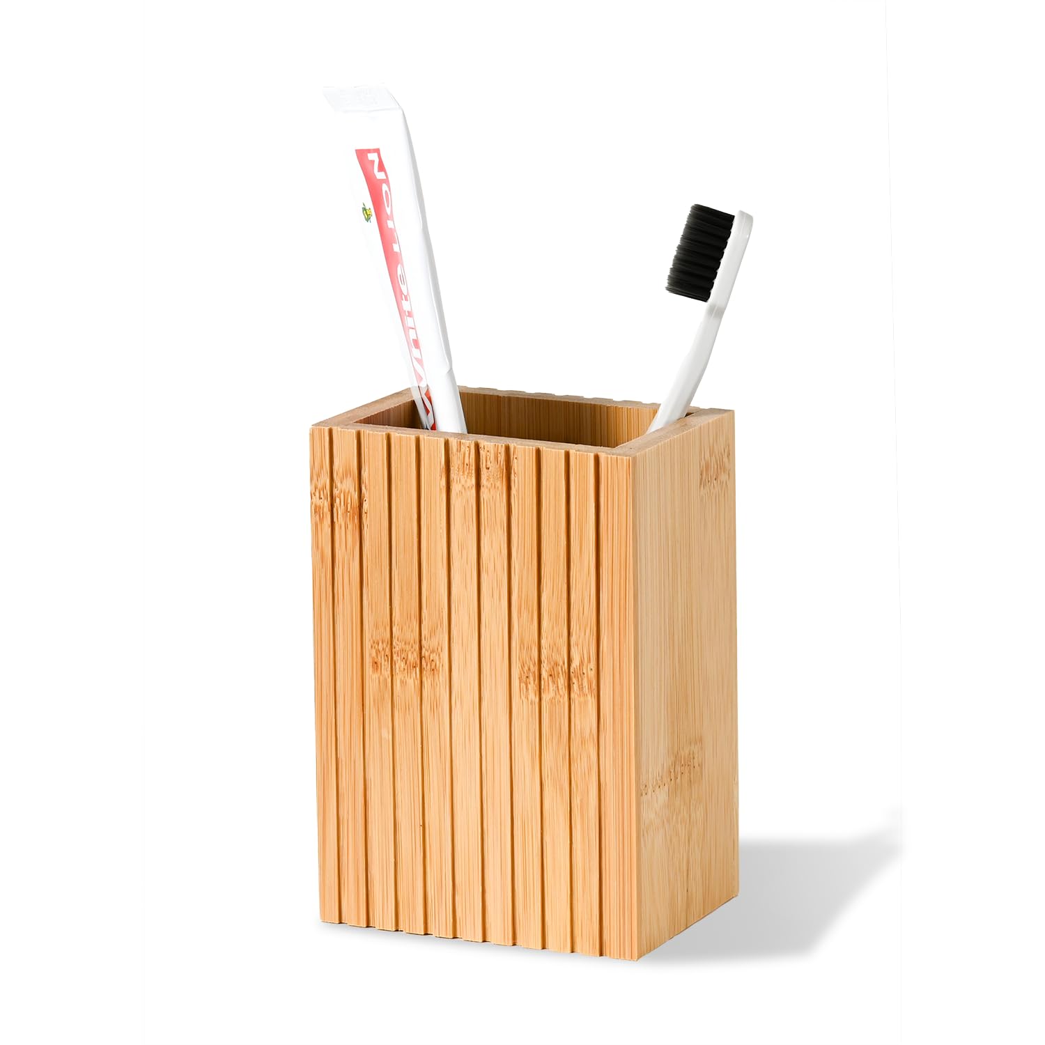 Natural Bamboo Toothbrush Holder, Fluted Square Design for Countertop, Multipurpose Pen Holder or Desktop Organizer, Natural