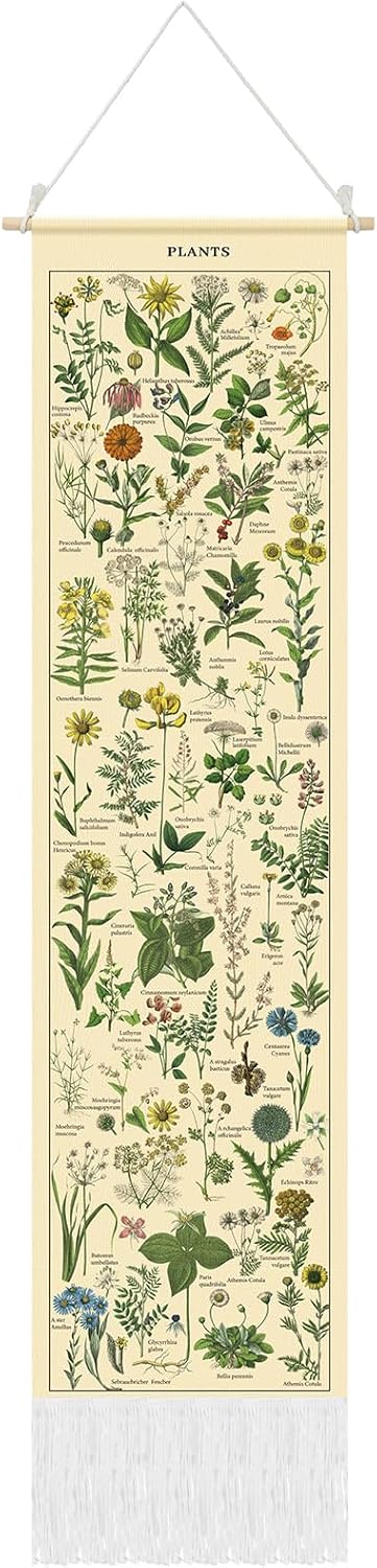 Tegeme Vintage Tapestry 52 x 13 Inch, Long Vertical Wall Hanging Reference Illustrative Botanical Tassel Tapestry for Bedroom Living Room Home Decoration(Plants)