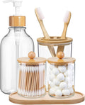 5 Pack Bamboo Bathroom Accessories Set with Tray - Plastic Soap Dispenser Clear Toothbrush Holder and 2 Qtip Holder Cotton Ball Container Jar