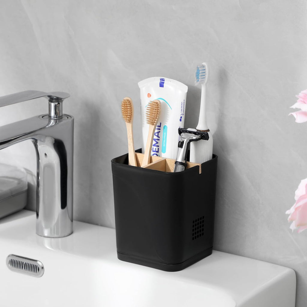 Electric Toothbrush Holder 3 Slots Tooth Brushing Holder with Bamboo Dividers for Bathrooms, Plastic Toothbrush and Toothpaste Organizer for Shower, Countertop, Vanity, Black
