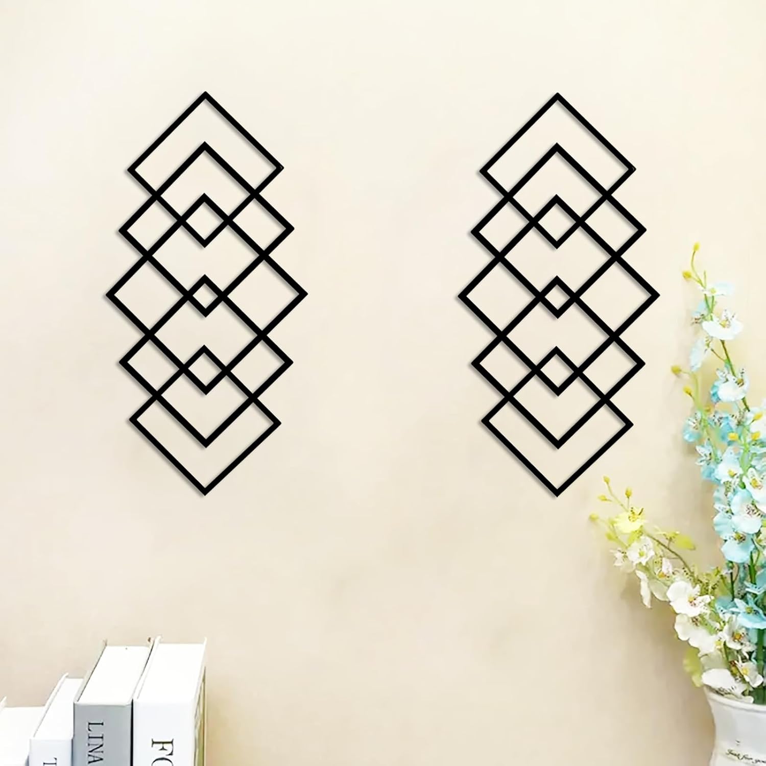 DUOOLN Large 2Pcs Abstract Metal Wall Art Decor, Black Modern Geometric Hanging Sign, Minimalist Single Line Décor Sculptures, Living Room Bedroom Bathroom Office Farmhouse Decoration-17.32 x 9.6 in