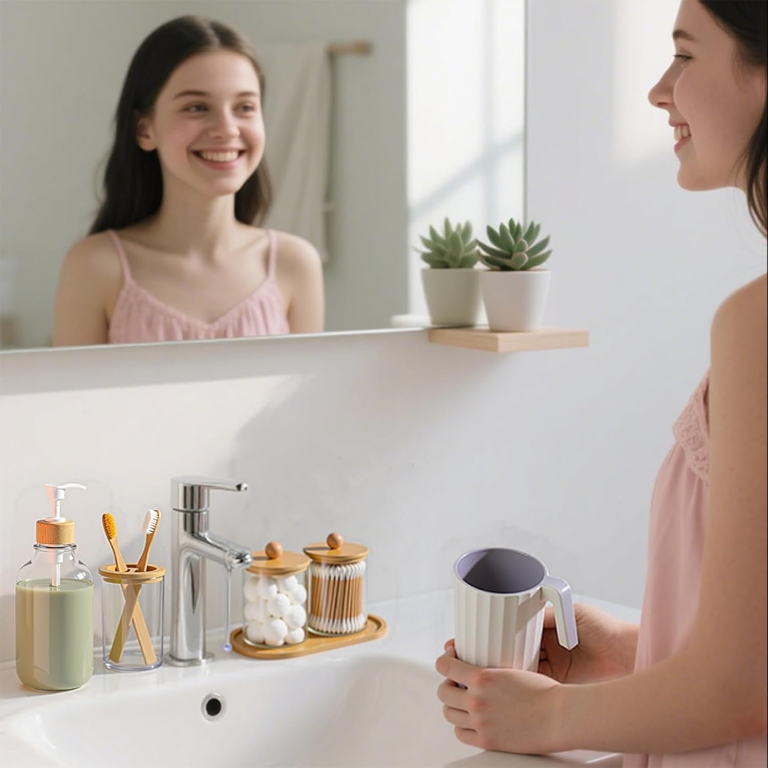 5 Pack Bamboo Bathroom Accessories Set with Tray - Plastic Soap Dispenser Clear Toothbrush Holder and 2 Qtip Holder Cotton Ball Container Jar