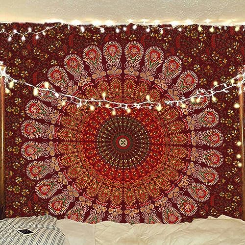 Bless International Handmade Indian hippie Bohemian Psychedelic Peacock Mandala Wall hanging College Dorm Beach Throws Table Cloth Bedding Tapestry (Blue Green, Queen(84x90Inches)(215x230Cms))
