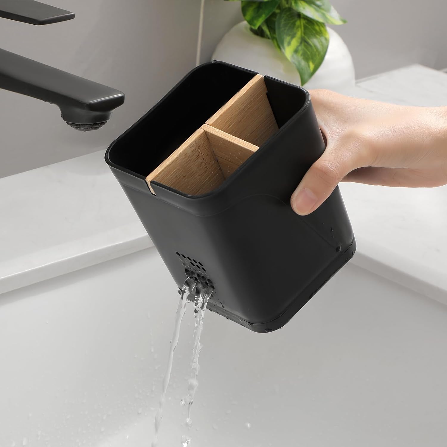 Electric Toothbrush Holder 3 Slots Tooth Brushing Holder with Bamboo Dividers for Bathrooms, Plastic Toothbrush and Toothpaste Organizer for Shower, Countertop, Vanity, Black