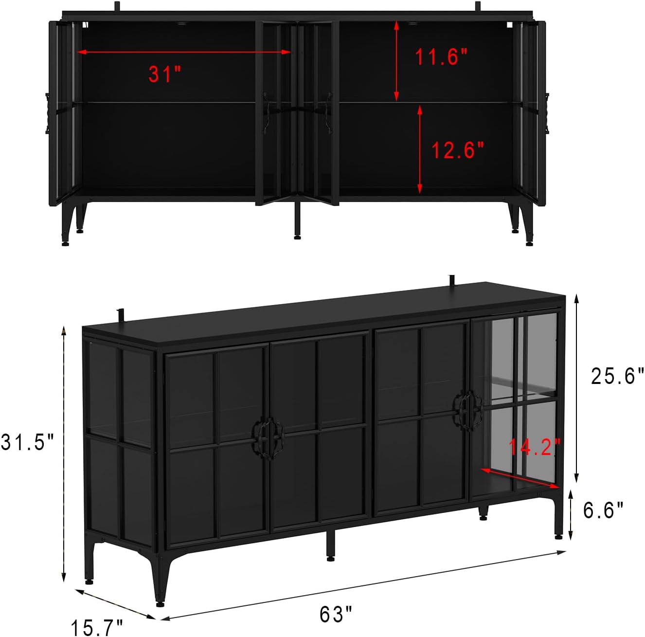 Timechee 63" W Metal Side Board with LED Lights, Modern Sideboard Buffet Cabinet with Tempered Glass Doors, Farmhouse Glass Display Storage Cabinet for Living Room, Dining Room, Kitchen, Black