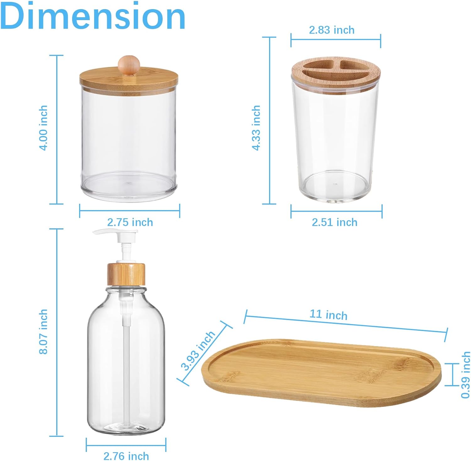 5 Pack Bamboo Bathroom Accessories Set with Tray - Plastic Soap Dispenser Clear Toothbrush Holder and 2 Qtip Holder Cotton Ball Container Jar