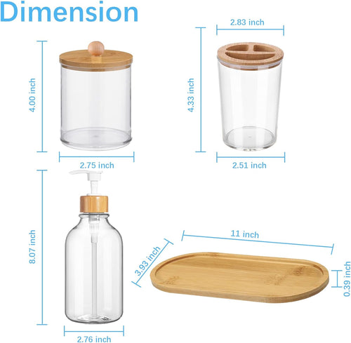 5 Pack Bamboo Bathroom Accessories Set with Tray - Plastic Soap Dispenser Clear Toothbrush Holder and 2 Qtip Holder Cotton Ball Container Jar