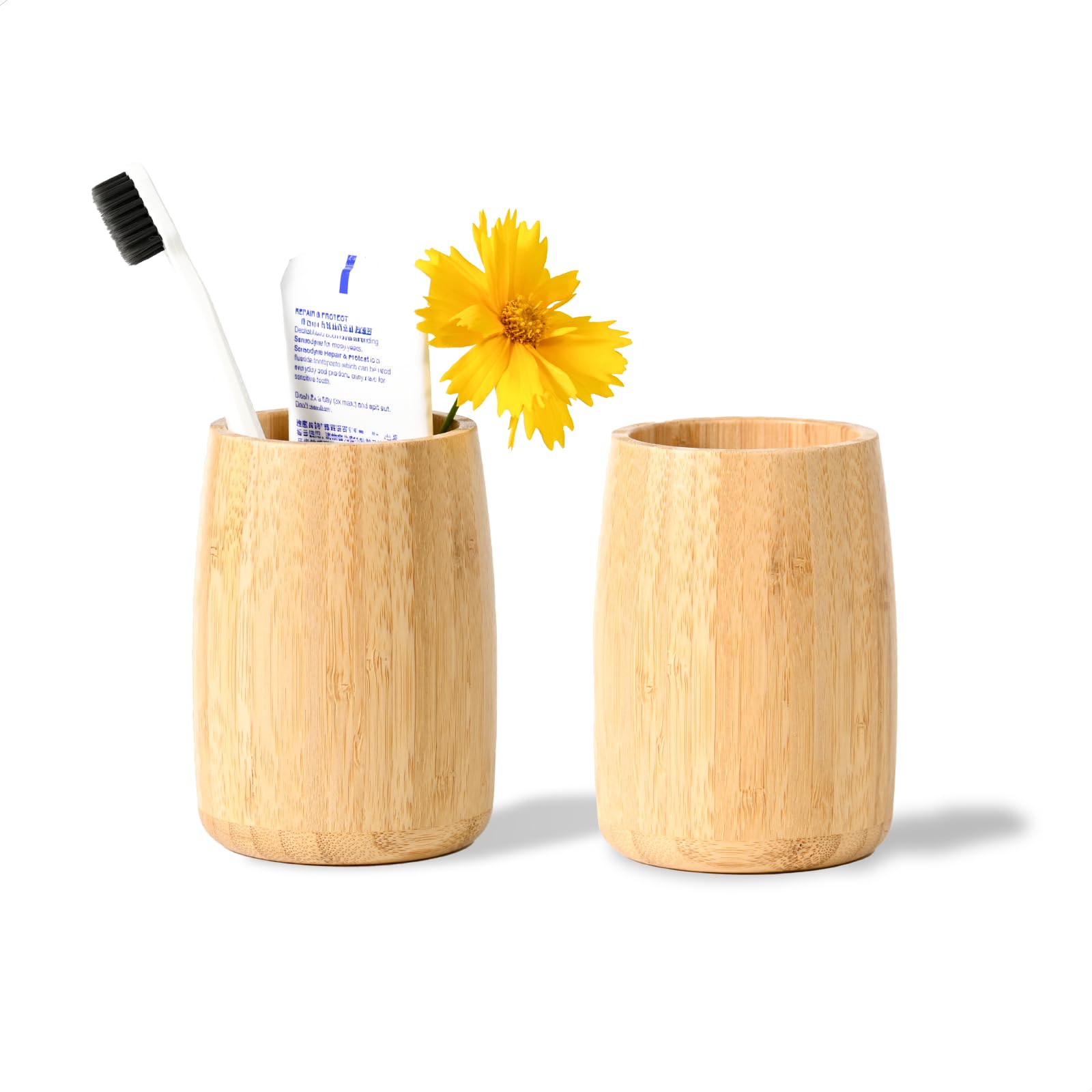 Natural Bamboo Toothbrush Holder, Simple Minimal Cylindrical Tumbler for Bathroom Countertop, Unbreakable Makeup Brush or Pen Organizer, Desktop Accessory