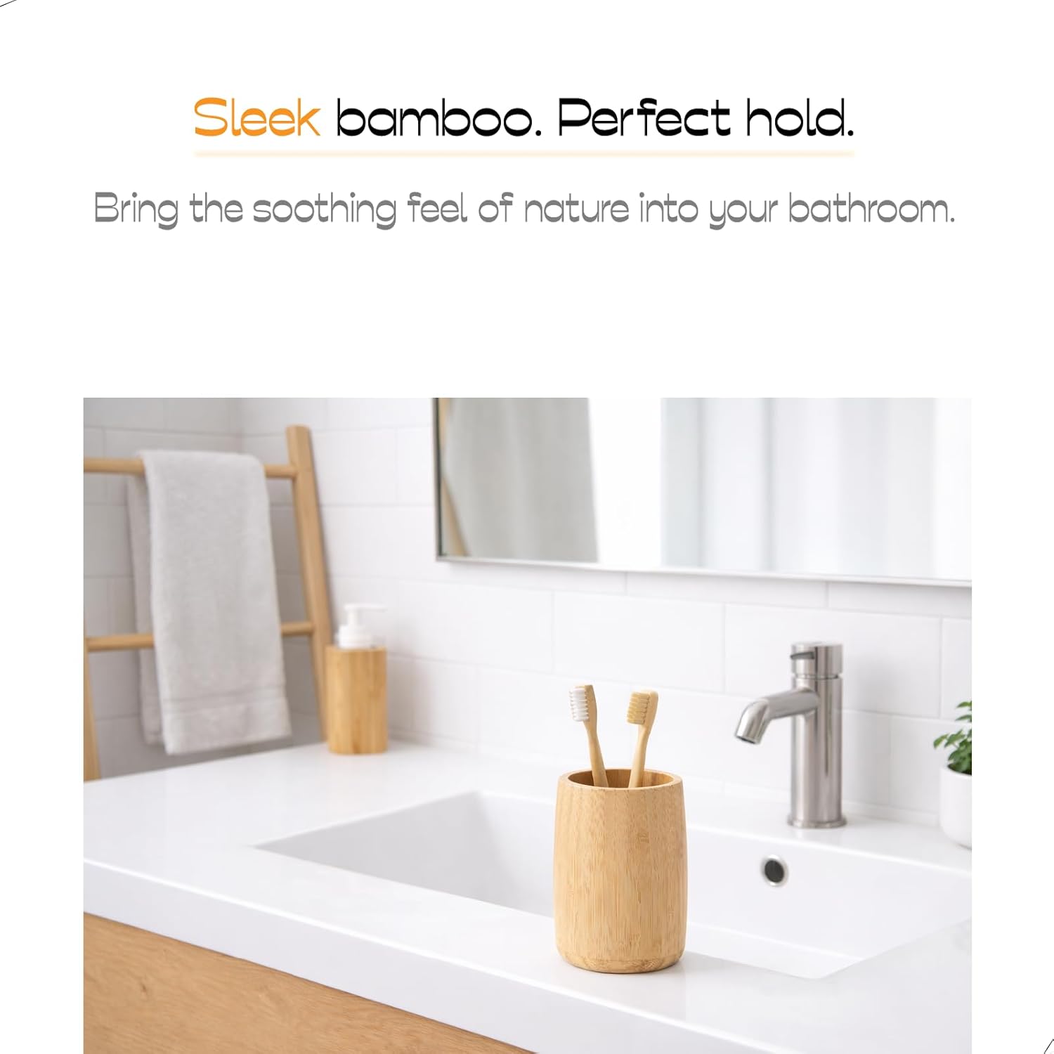 Natural Bamboo Toothbrush Holder, Simple Minimal Cylindrical Tumbler for Bathroom Countertop, Unbreakable Makeup Brush or Pen Organizer, Desktop Accessory