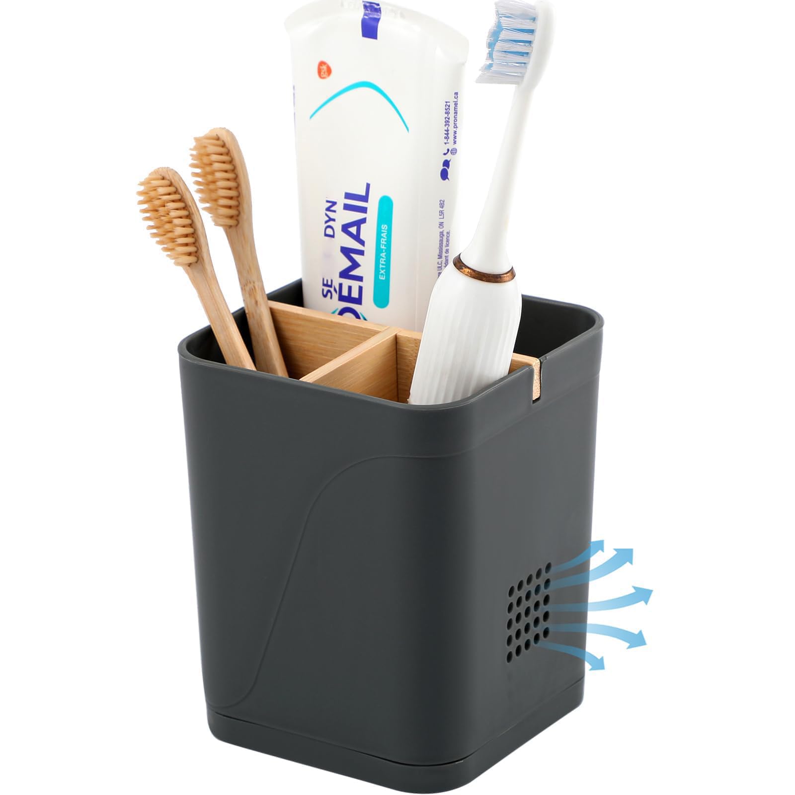 Electric Toothbrush Holder 3 Slots Tooth Brushing Holder with Bamboo Dividers for Bathrooms, Plastic Toothbrush and Toothpaste Organizer for Shower, Countertop, Vanity, Black