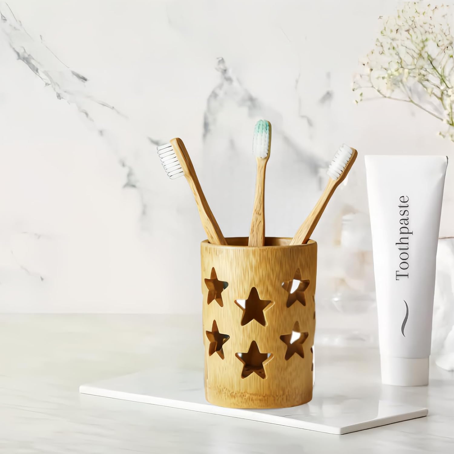 Eco-Friendly Bamboo Toothbrush Holders with Drainage-Toothbrush and Toothpaste Holder-Wood Toothbrush Holder for Bathrooms Well-Vented Bamboo Toothbrush Holder Pen Holder Makeup Brush Holder