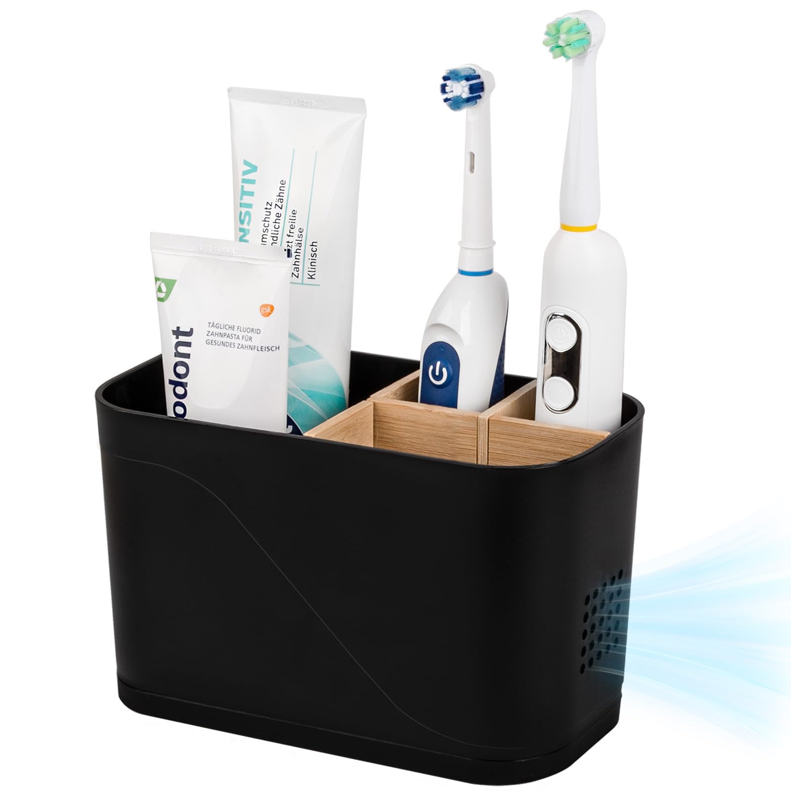 Electric Toothbrush Holder 3 Slots Tooth Brushing Holder with Bamboo Dividers for Bathrooms, Plastic Toothbrush and Toothpaste Organizer for Shower, Countertop, Vanity, Black