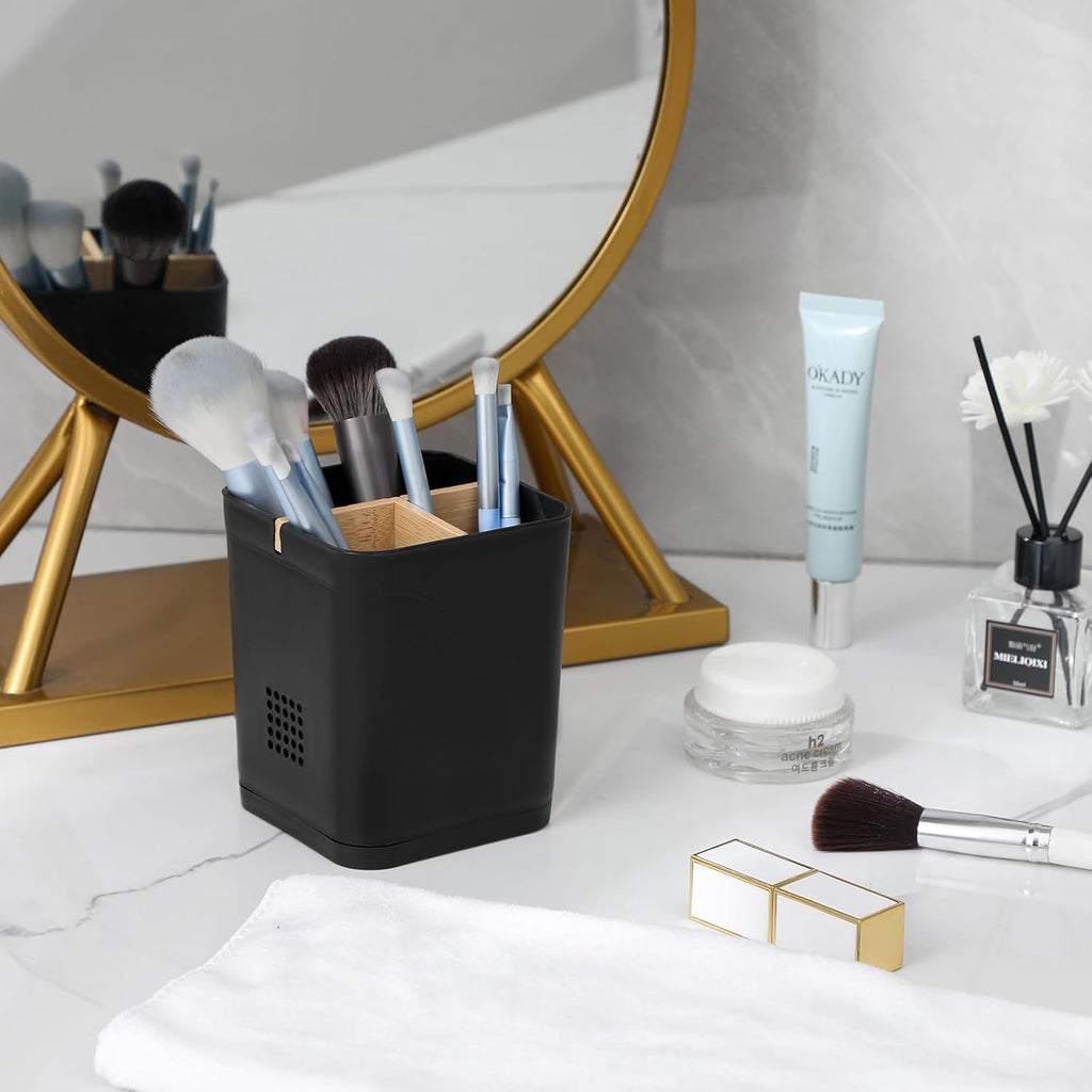 Electric Toothbrush Holder 3 Slots Tooth Brushing Holder with Bamboo Dividers for Bathrooms, Plastic Toothbrush and Toothpaste Organizer for Shower, Countertop, Vanity, Black