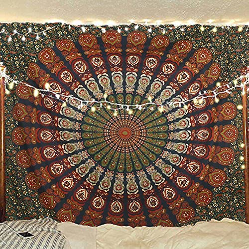 Bless International Handmade Indian hippie Bohemian Psychedelic Peacock Mandala Wall hanging College Dorm Beach Throws Table Cloth Bedding Tapestry (Blue Green, Queen(84x90Inches)(215x230Cms))