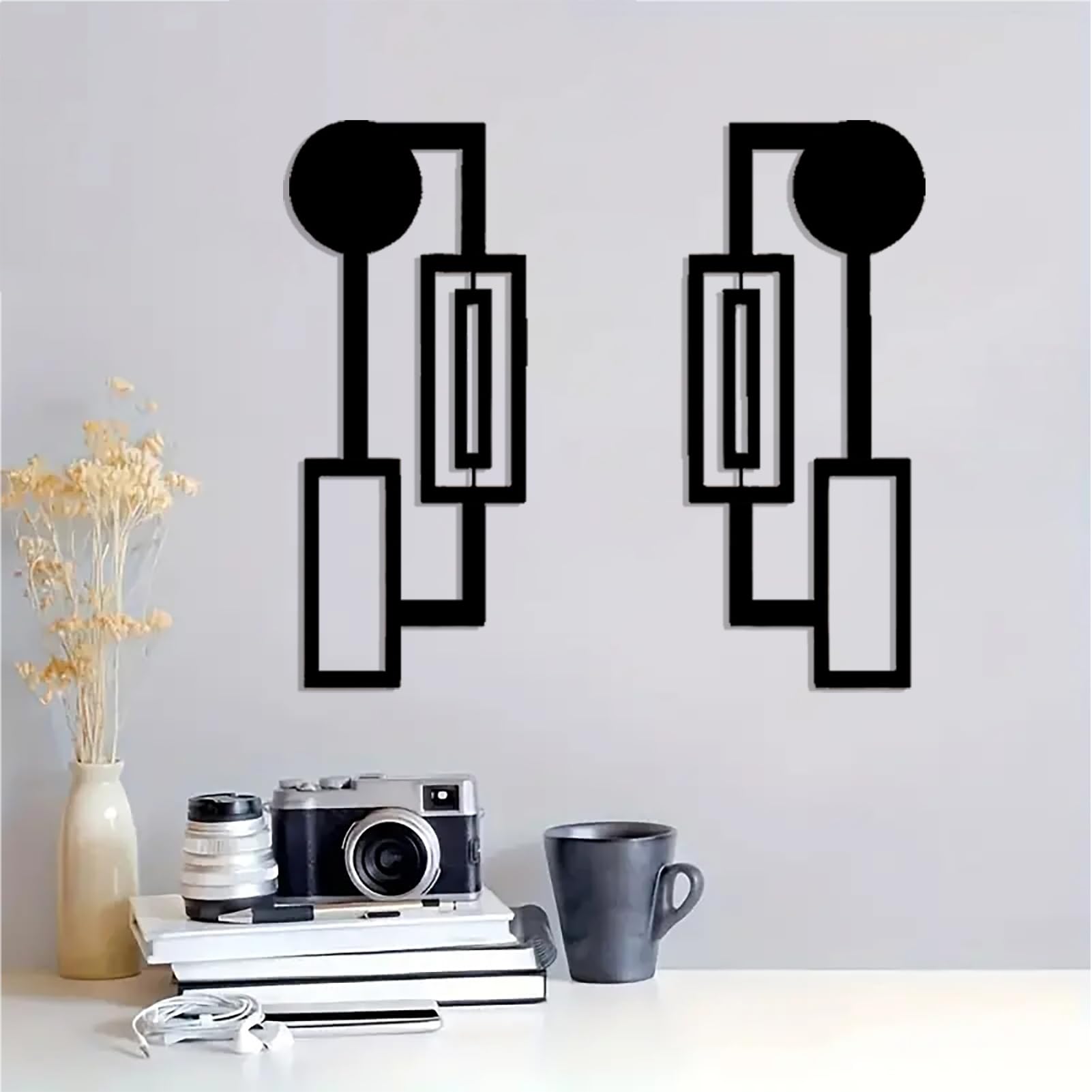 DUOOLN Large 2Pcs Abstract Metal Wall Art Decor, Black Modern Geometric Hanging Sign, Minimalist Single Line Décor Sculptures, Living Room Bedroom Bathroom Office Farmhouse Decoration-17.32 x 9.6 in