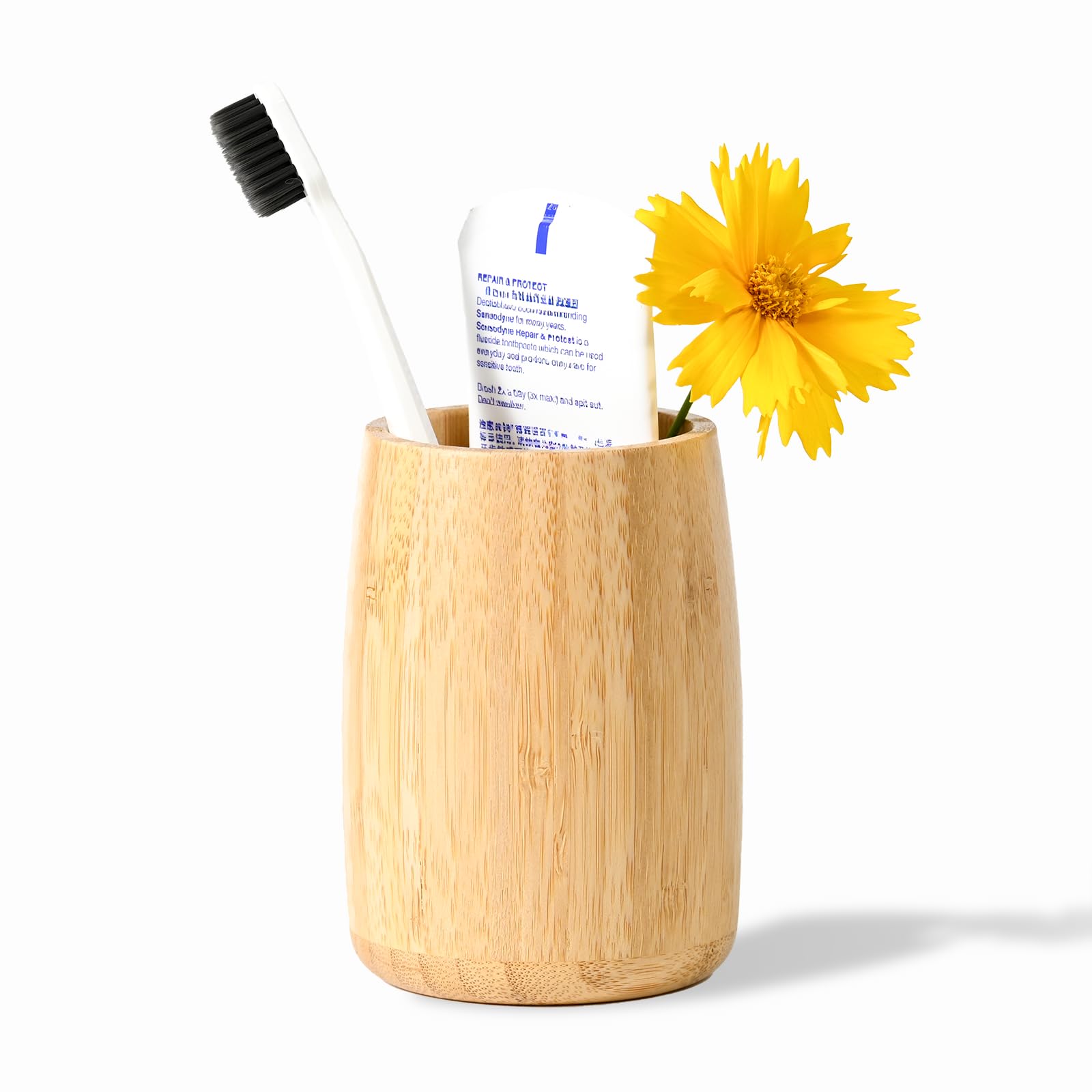 Natural Bamboo Toothbrush Holder, Simple Minimal Cylindrical Tumbler for Bathroom Countertop, Unbreakable Makeup Brush or Pen Organizer, Desktop Accessory