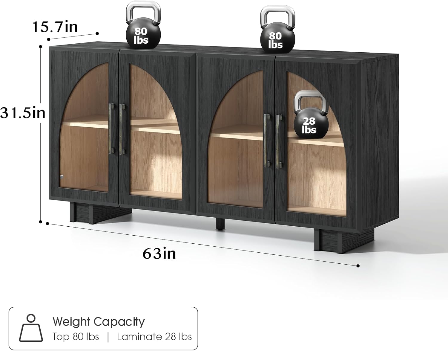 Jiansu furni,63" Sideboard Buffet Cabinet with Arched Glass Doors, Modern Black Kitchen Credenza with Storage, Heavy Duty Coffee Bar Console Table for Dining Room, Living Room, Entryway