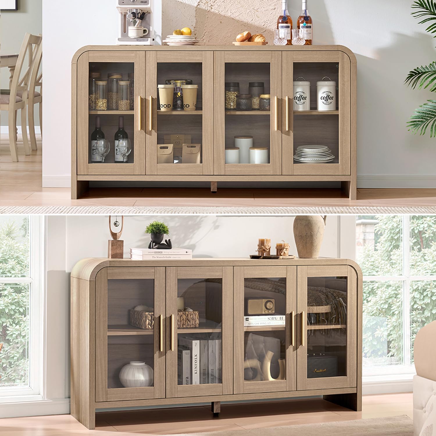 59" Sideboard Buffet Cabinet with Storage, Sideboard Cabinet with Adjustable Shelves & 4 Glass Doors,Coffee Bar Console Table for Kitchen, Living Room, Entryway (Natural Oak)