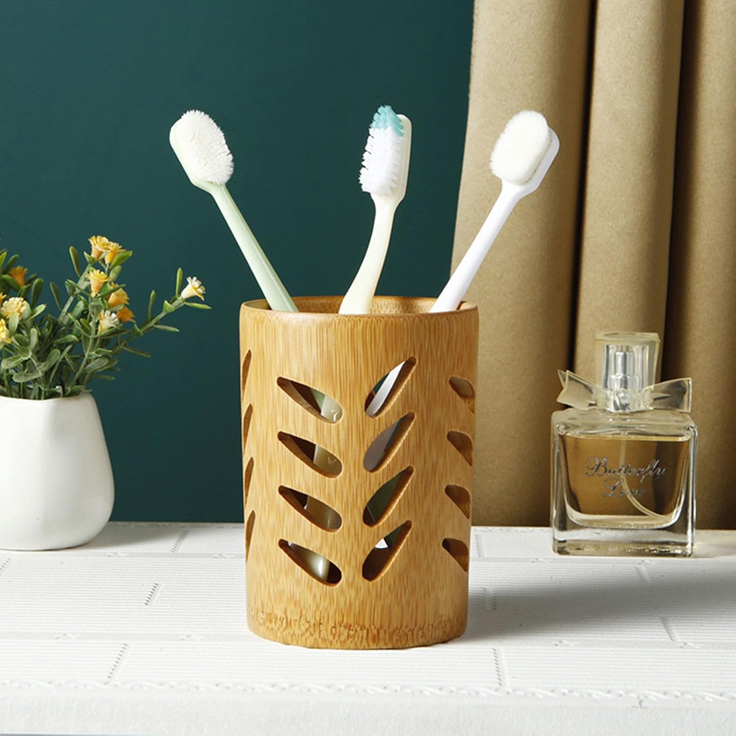 1 PC Leaf Shape Toothbrush Holder Bathroom Wooden Toothbrush Holder Bathroom Toothbrush Accessories Pen Holder Toothbrush Pencil Makeup Brush Storage Holder(Bamboo)