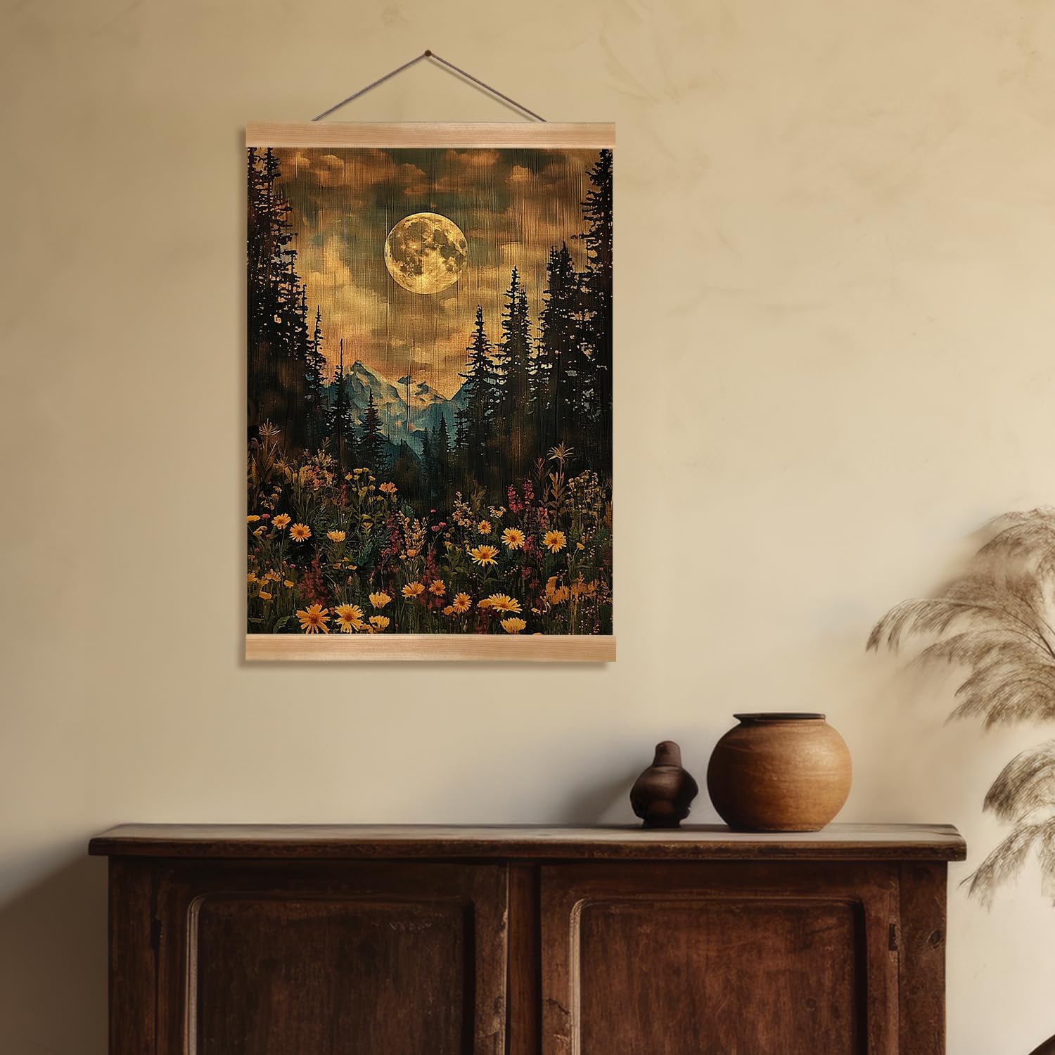 ZTGDA Vintage Moon Forest Wall Art,Full Moon Mountain Landscape Poster, Wildflower and Pine Tree Nature Canvas Wall Decor for Living Room, Bedroom,or Cabin 12x16inch(Retro color-Moon02)