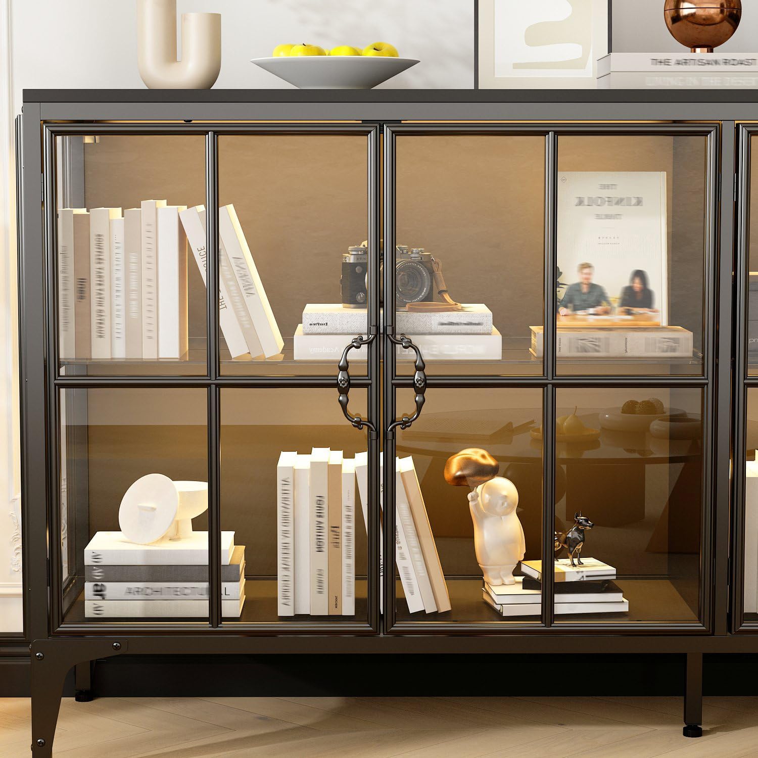 Timechee 63" W Metal Side Board with LED Lights, Modern Sideboard Buffet Cabinet with Tempered Glass Doors, Farmhouse Glass Display Storage Cabinet for Living Room, Dining Room, Kitchen, Black