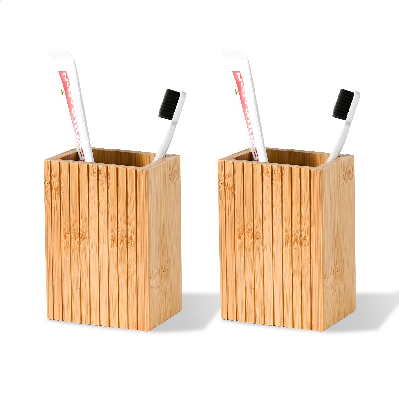 Natural Bamboo Toothbrush Holder, Fluted Square Design for Countertop, Multipurpose Pen Holder or Desktop Organizer, Natural