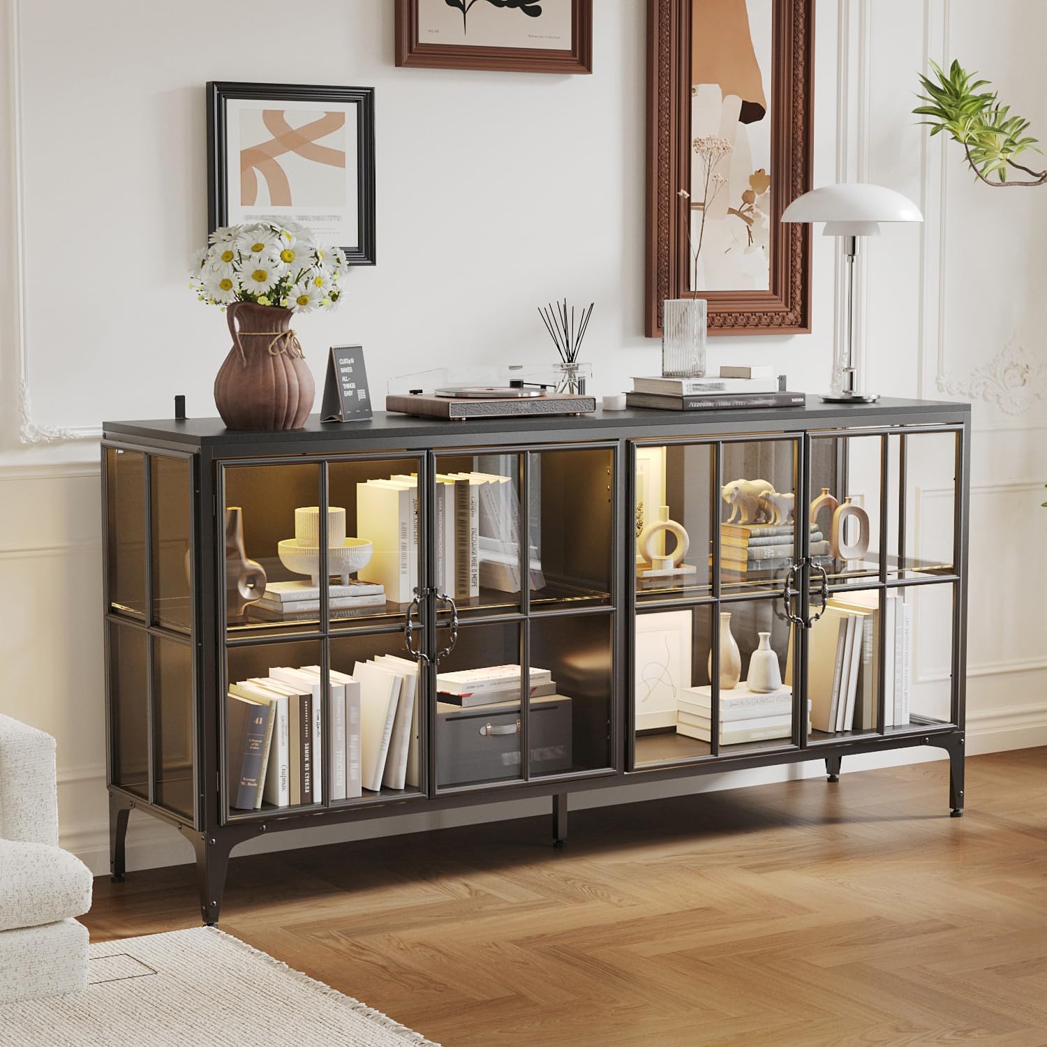 Timechee 63" W Metal Side Board with LED Lights, Modern Sideboard Buffet Cabinet with Tempered Glass Doors, Farmhouse Glass Display Storage Cabinet for Living Room, Dining Room, Kitchen, Black