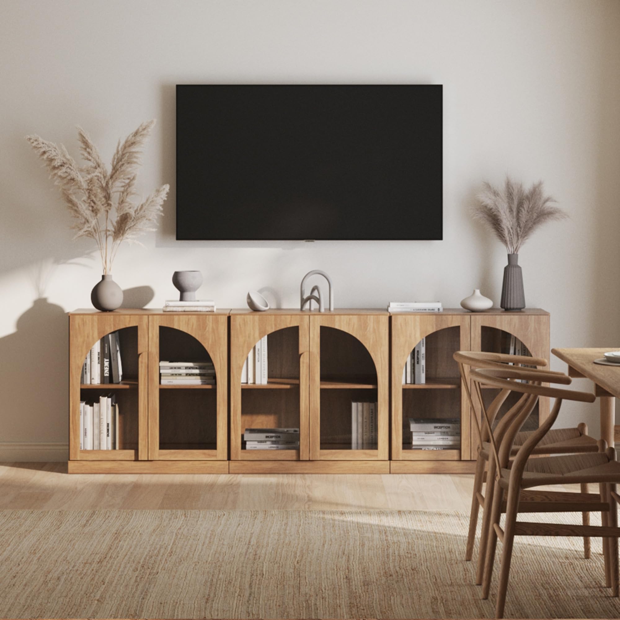 BELLEZE 65" Arched Sideboard with Glass Door, Accent Buffet Cabinet with Storage and Adjustable Shelves, Classic Modern Large Console Table for Dining Room Living Room Entryway (Ebony)