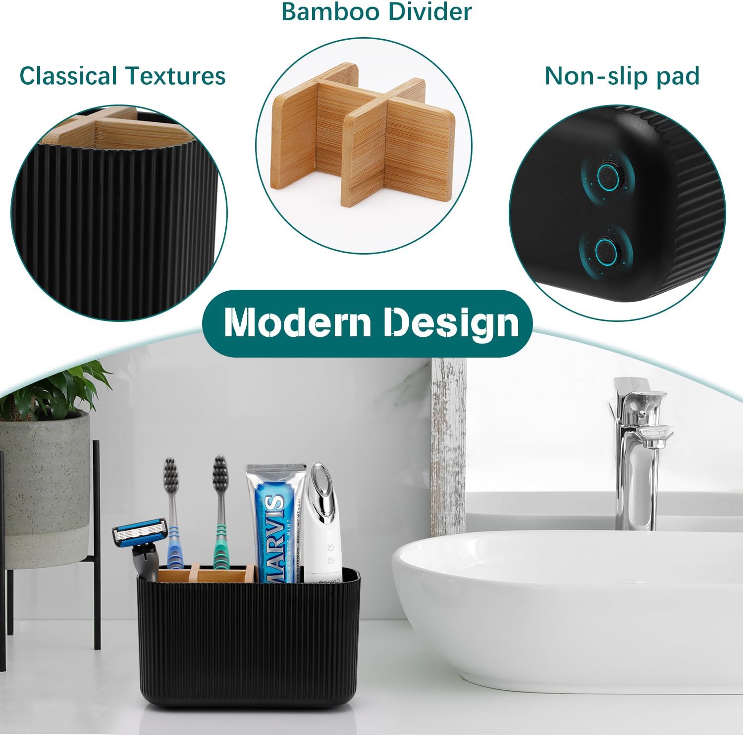 GFWARE Black Toothbrush Holder - Bamboo Toothbrush Holders for Bathrooms Electric Toothbrush Holder Organizer Kids Toothbrush Holders for Bathrooms Countertop