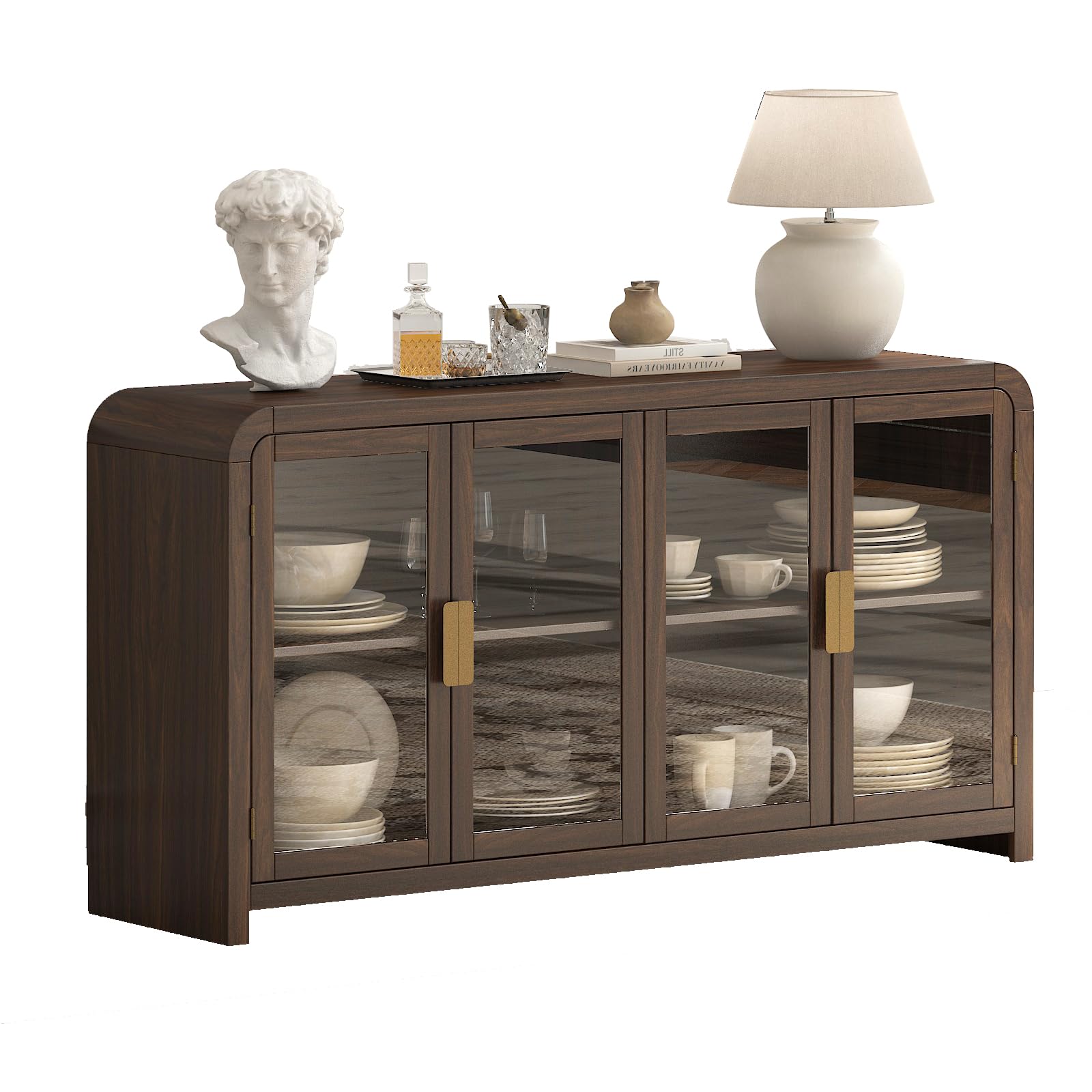 Oak&Sparrow Oak Sideboard Buffet Cabinet with Storage, 60'' Boho Buffets & Sideboards with Adjustable Shelves, Sideboard Cabinet with 4 Glass Doors for Living Room, Hallway & Kitchen