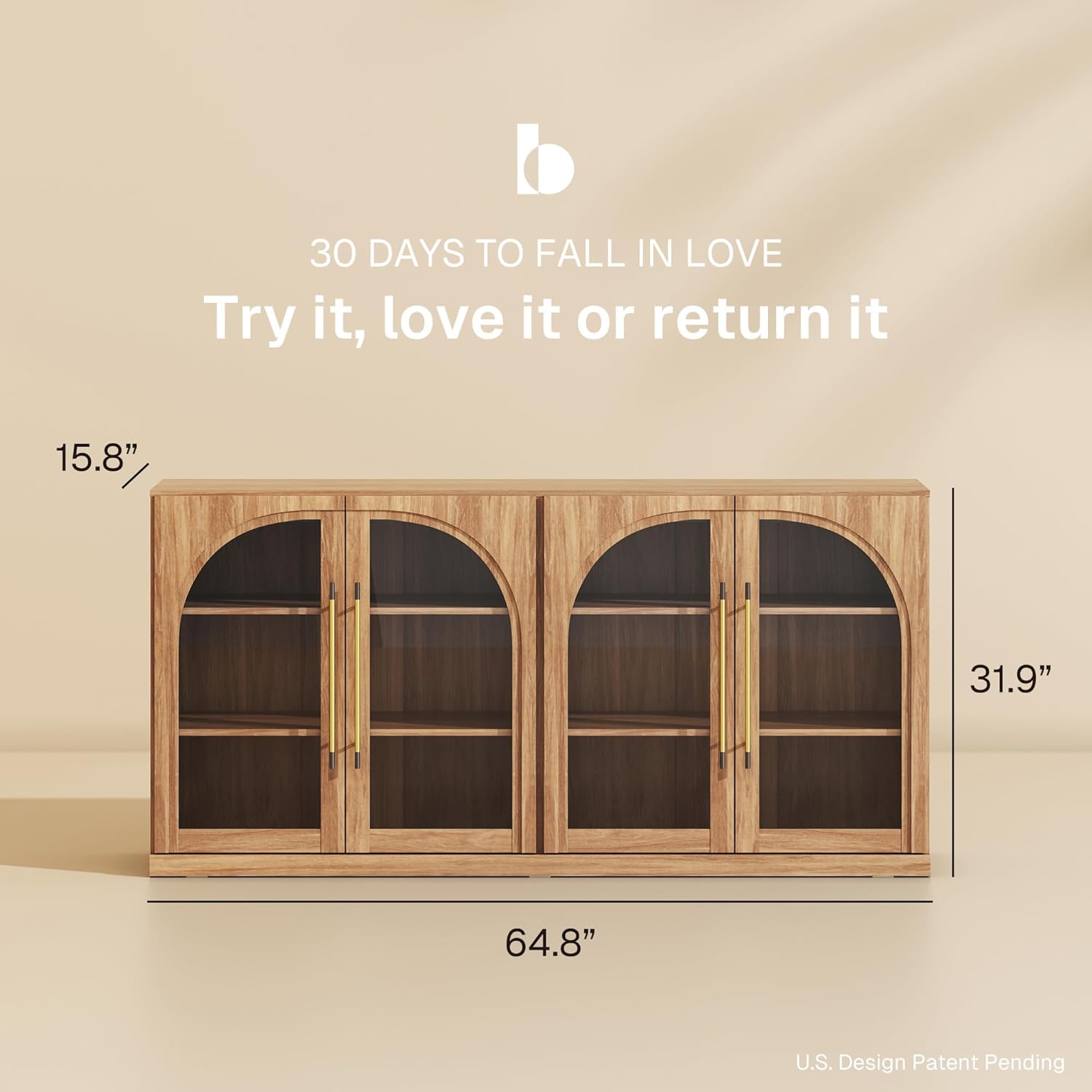 BELLEZE 65" Arched Sideboard with Glass Door, Accent Buffet Cabinet with Storage and Adjustable Shelves, Classic Modern Large Console Table for Dining Room Living Room Entryway (Camel)