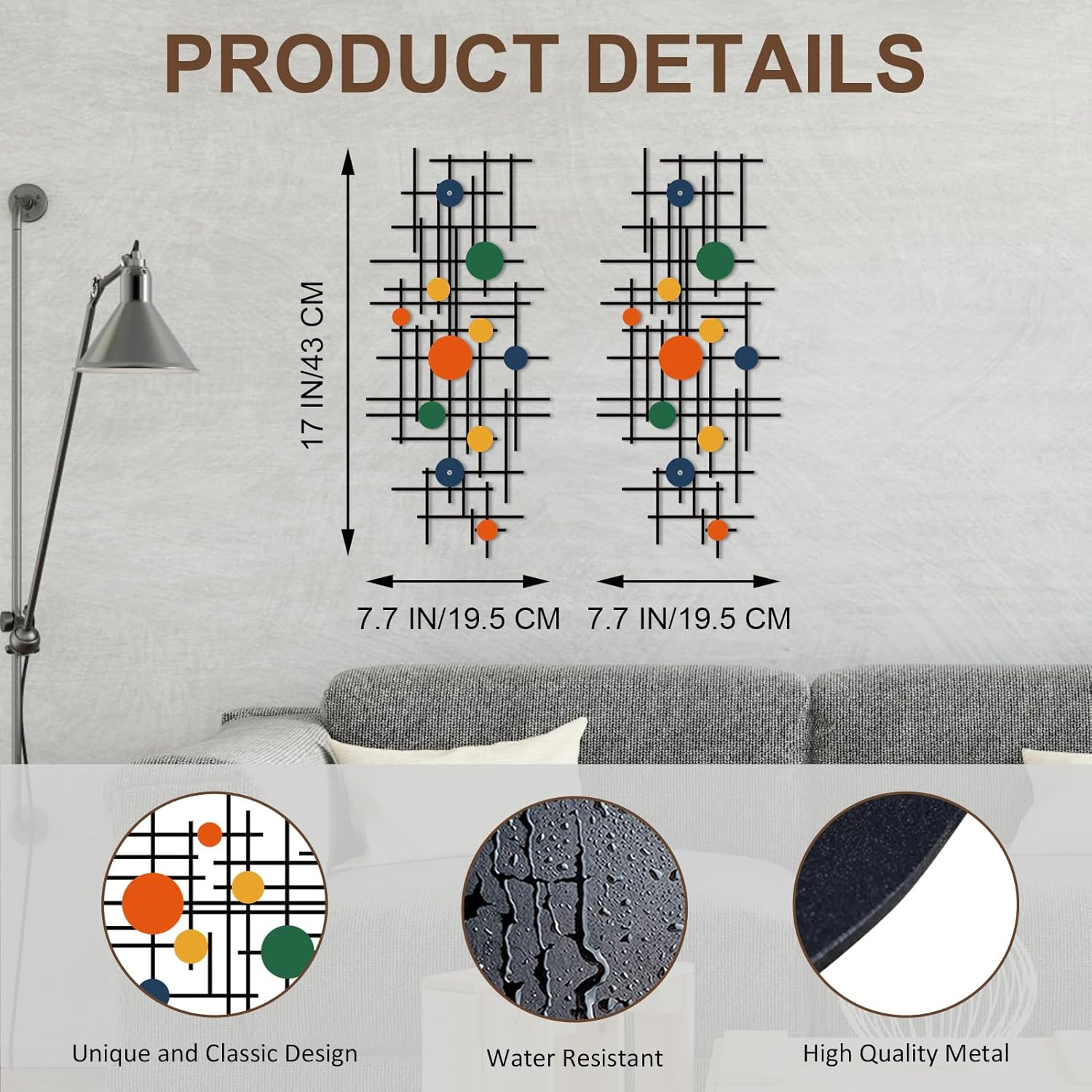 ruelen Set of 2 Minimalist Geometric Wall Decor - Modern Metal Wall Art for Living Room, Bedroom & Office – Abstract 2D Design in Bright Colorful Style