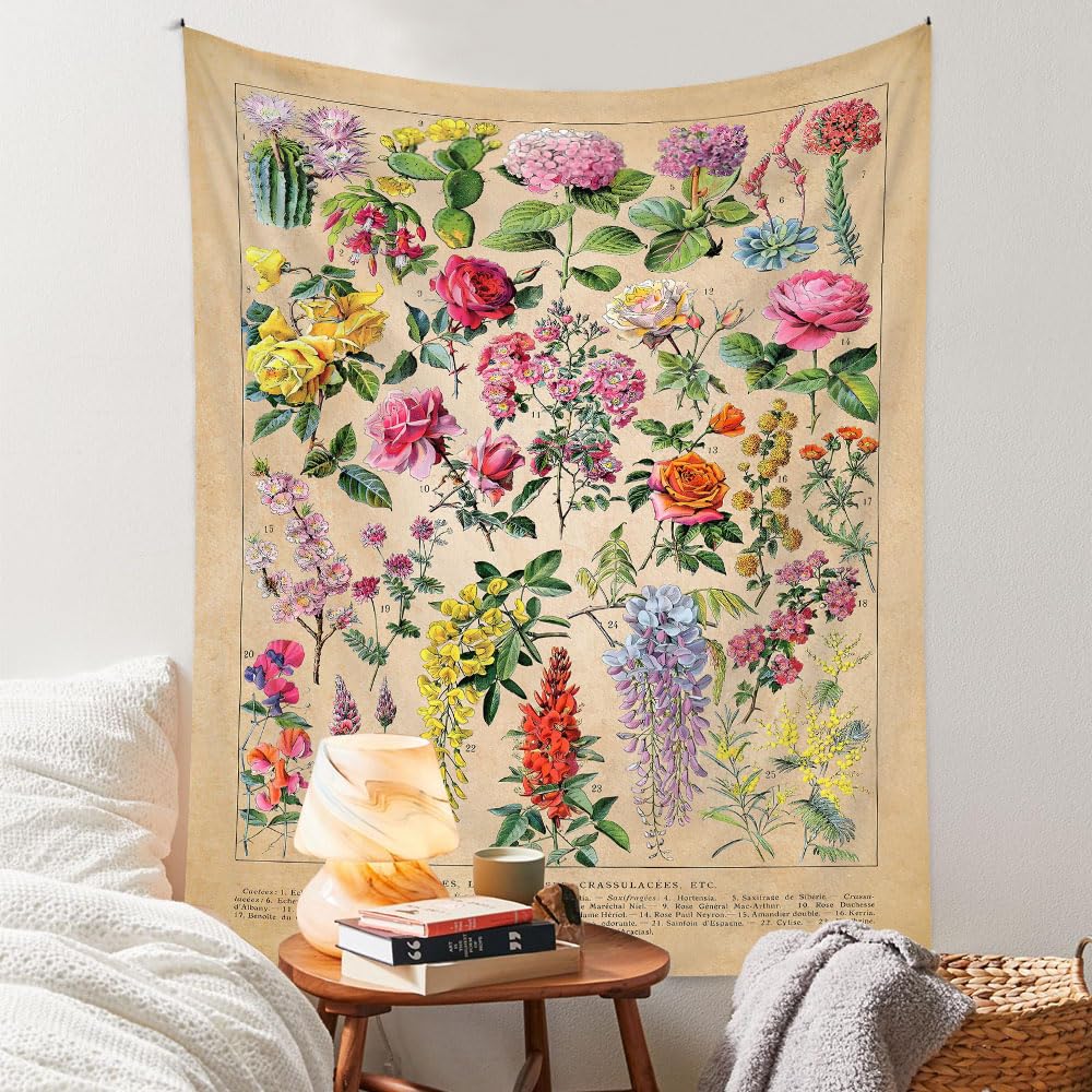 Vintage Flowers Tapestry 48”x36”, Long Vertical Wall Hanging Reference Illustrative Botanical Tapestries for Bedroom Aesthetic Floral Tapistry Botanical Plants Tapestry Wall Hanging Cute Bedroom Decor