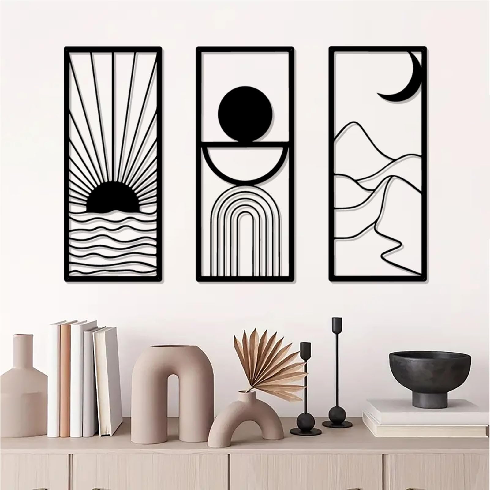 DUOOLN Large 2Pcs Abstract Metal Wall Art Decor, Black Modern Geometric Hanging Sign, Minimalist Single Line Décor Sculptures, Living Room Bedroom Bathroom Office Farmhouse Decoration-17.32 x 9.6 in