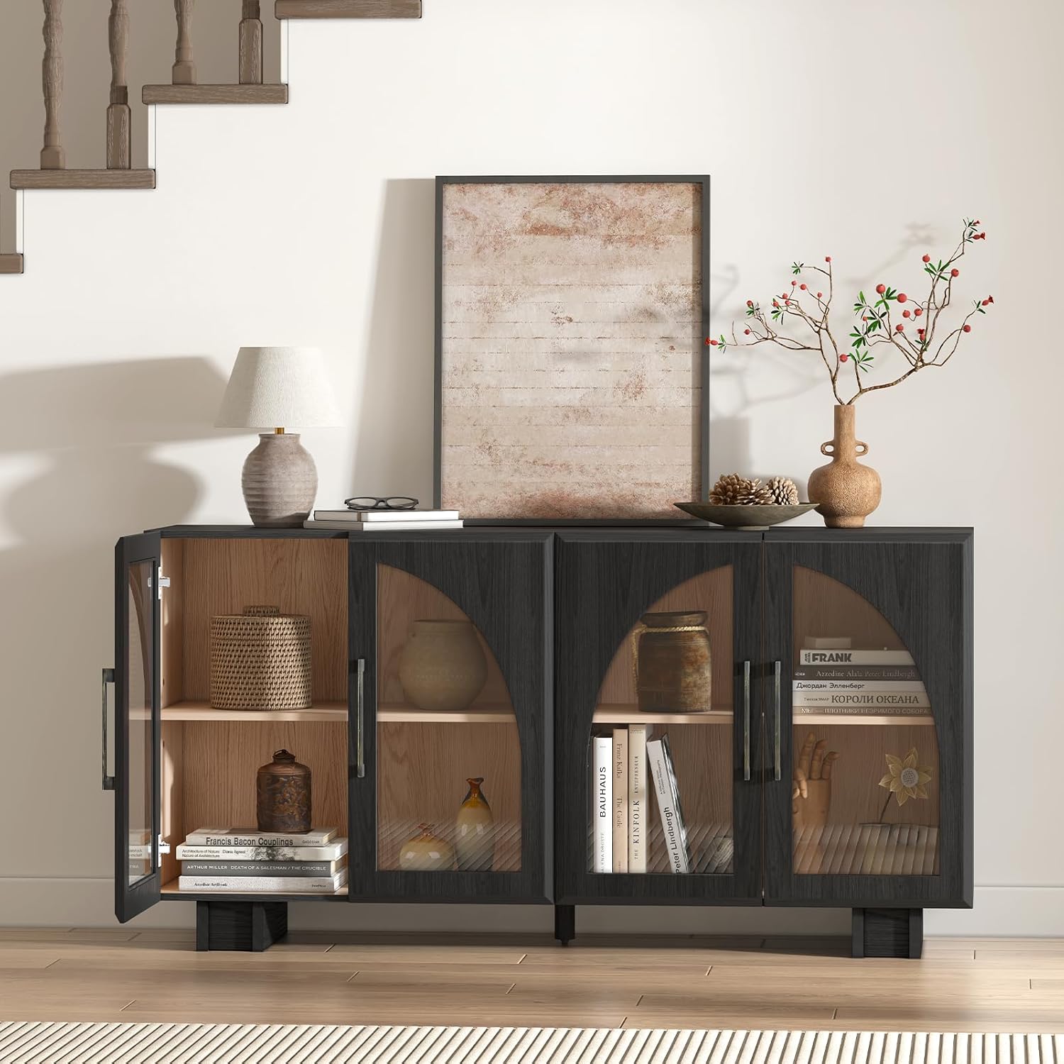Jiansu furni,63" Sideboard Buffet Cabinet with Arched Glass Doors, Modern Black Kitchen Credenza with Storage, Heavy Duty Coffee Bar Console Table for Dining Room, Living Room, Entryway