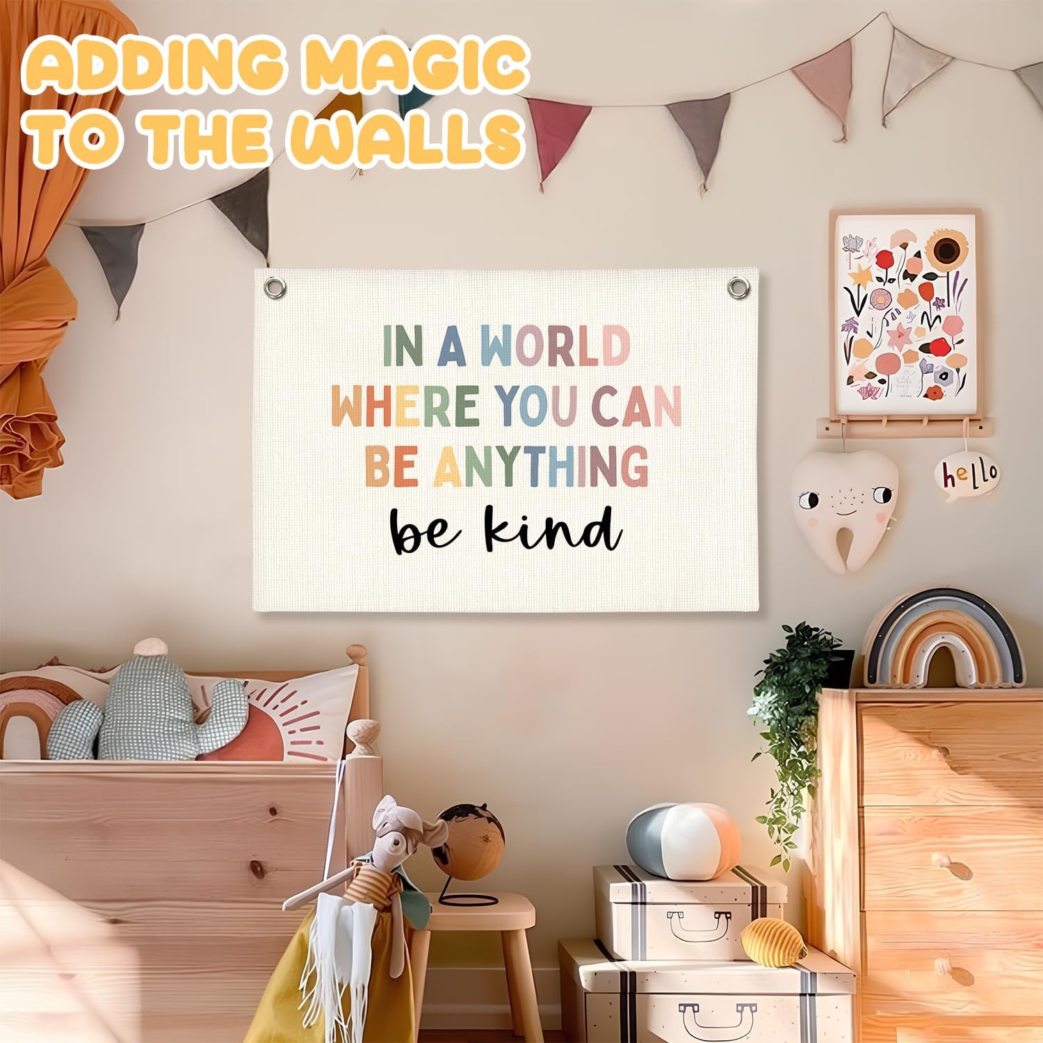 Motivational Linen Canvas Banner,Positive Affirmations Wall Hanging Flag,In A World Where You Can Be Anything Be Kind Wall Decor, Boho Classroom Therapy Office Decor, Kids Room Wall Art,20x30