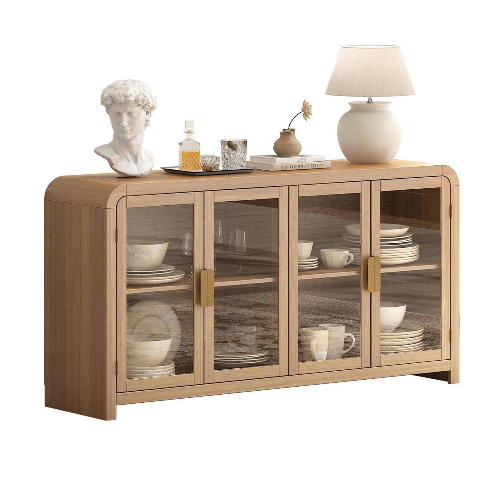 Oak&Sparrow Oak Sideboard Buffet Cabinet with Storage, 60'' Boho Buffets & Sideboards with Adjustable Shelves, Sideboard Cabinet with 4 Glass Doors for Living Room, Hallway & Kitchen