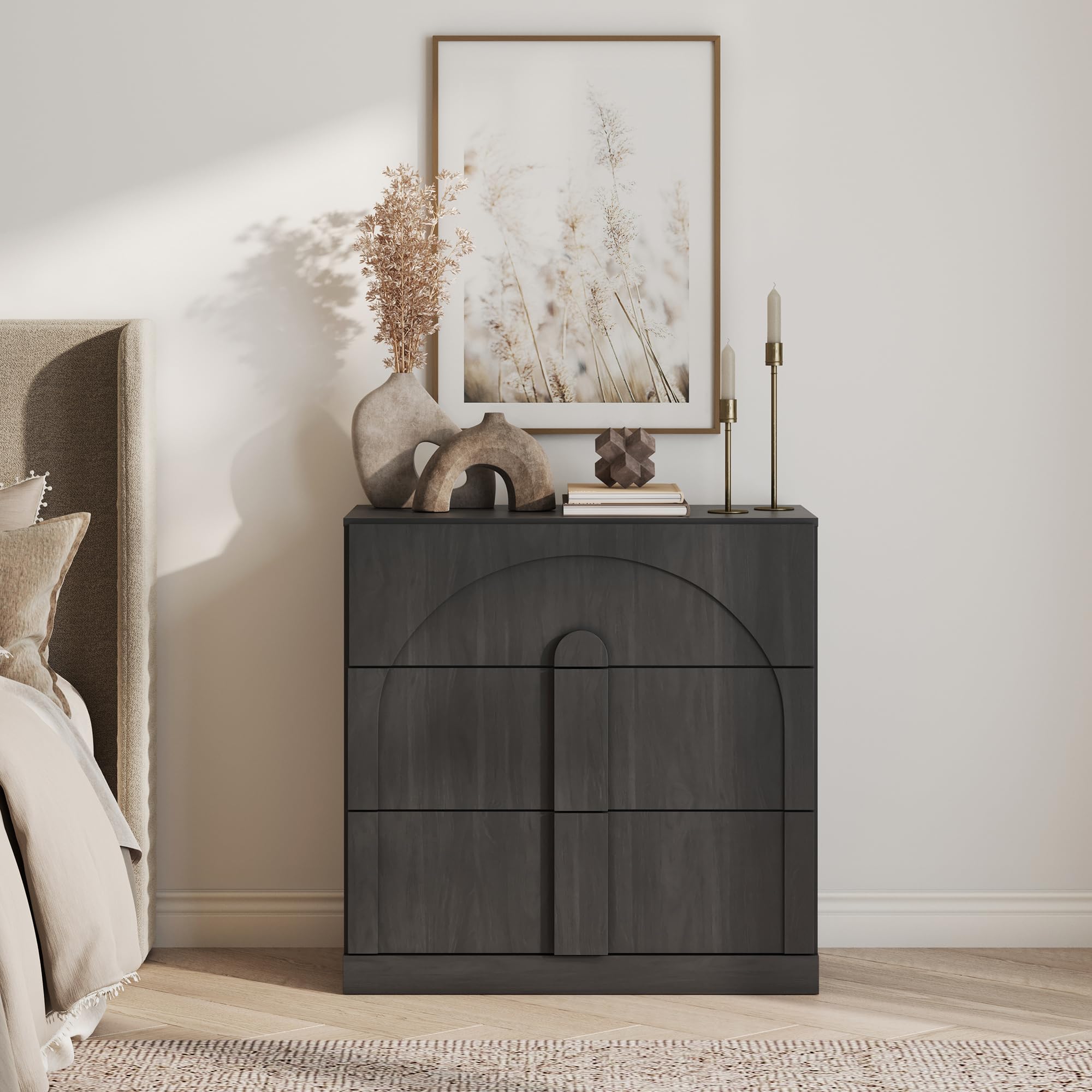 BELLEZE 65" Arched Sideboard with Glass Door, Accent Buffet Cabinet with Storage and Adjustable Shelves, Classic Modern Large Console Table for Dining Room Living Room Entryway (Ebony)