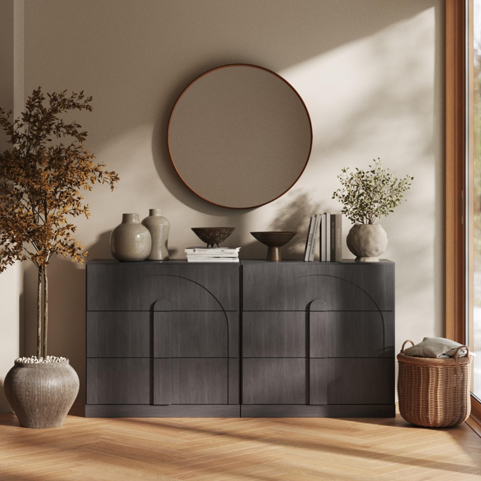 BELLEZE 65" Arched Sideboard with Glass Door, Accent Buffet Cabinet with Storage and Adjustable Shelves, Classic Modern Large Console Table for Dining Room Living Room Entryway (Ebony)