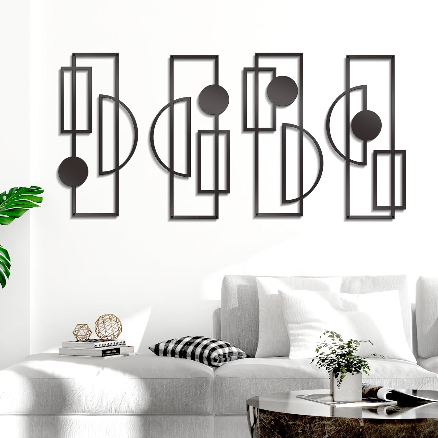 Zzbakress 4 Pcs Large Black Wall Decor Abstract Metal Wall Art Minimalist Geometric Wall Decor for Living Room Modern Single Line Art Wall Decoration for Bedroom Study Bathroom Kitchen (Unique, 4)