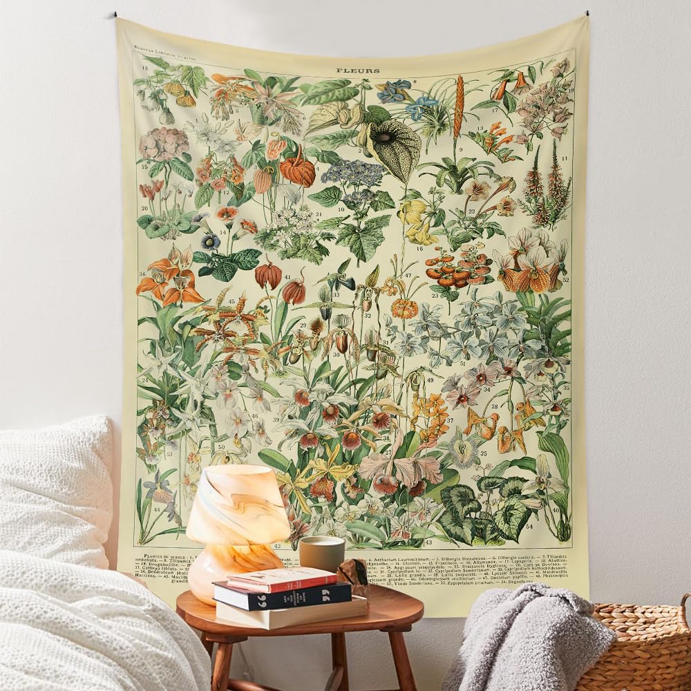 Vintage Flowers Tapestry 48”x36”, Long Vertical Wall Hanging Reference Illustrative Botanical Tapestries for Bedroom Aesthetic Floral Tapistry Botanical Plants Tapestry Wall Hanging Cute Bedroom Decor
