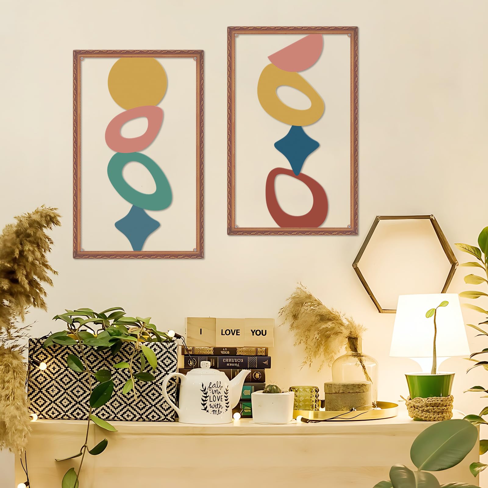 ruelen Set of 2 Minimalist Geometric Wall Decor - Modern Metal Wall Art for Living Room, Bedroom & Office – Abstract 2D Design in Bright Colorful Style