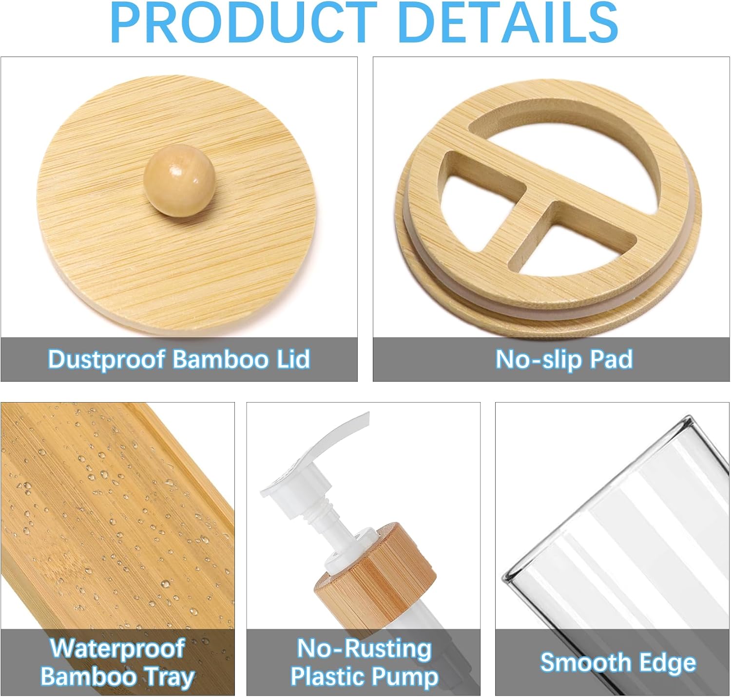 5 Pack Bamboo Bathroom Accessories Set with Tray - Plastic Soap Dispenser Clear Toothbrush Holder and 2 Qtip Holder Cotton Ball Container Jar