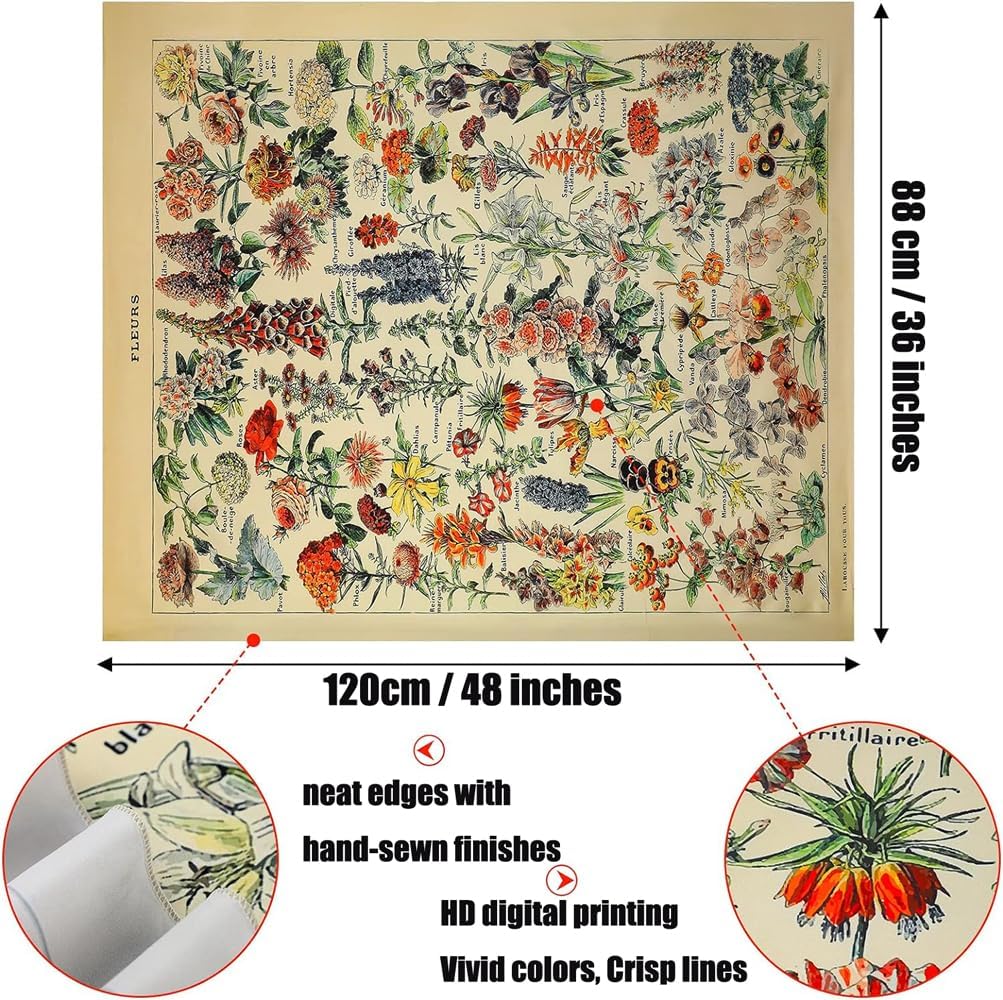 Vintage Flowers Tapestry 48”x36”, Long Vertical Wall Hanging Reference Illustrative Botanical Tapestries for Bedroom Aesthetic Floral Tapistry Botanical Plants Tapestry Wall Hanging Cute Bedroom Decor