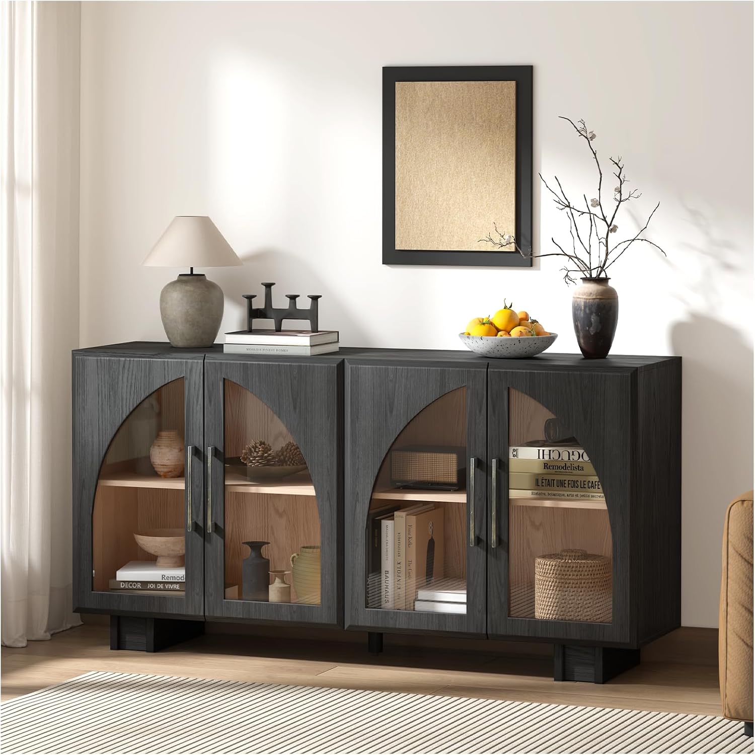 Jiansu furni,63" Sideboard Buffet Cabinet with Arched Glass Doors, Modern Black Kitchen Credenza with Storage, Heavy Duty Coffee Bar Console Table for Dining Room, Living Room, Entryway