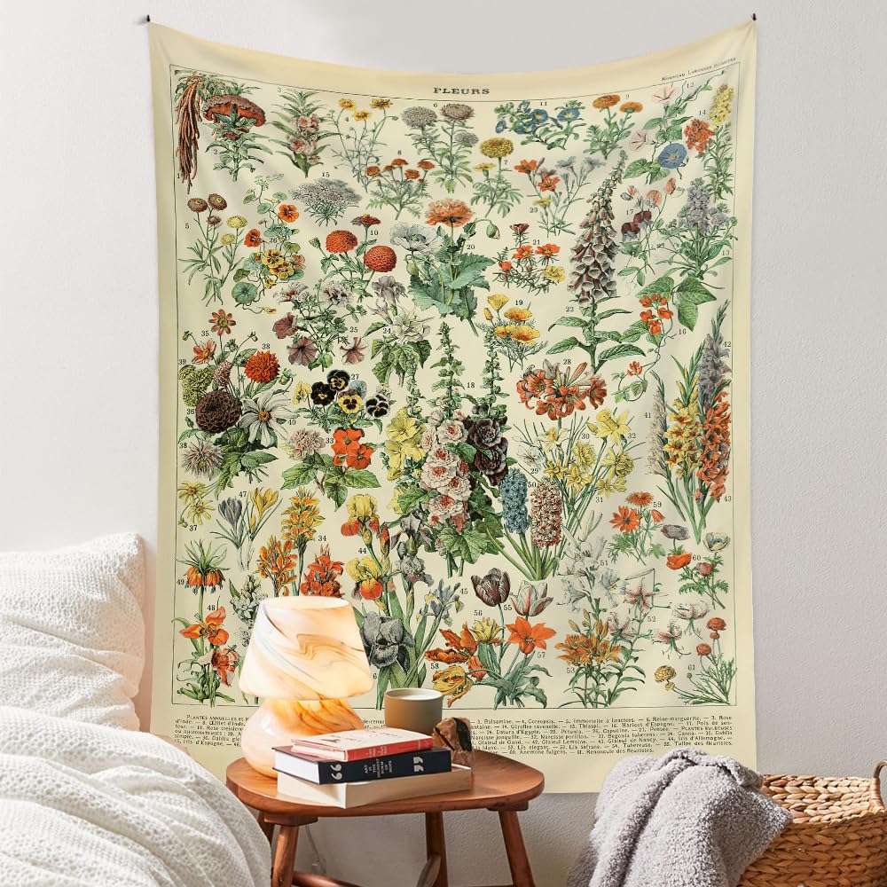Vintage Flowers Tapestry 48”x36”, Long Vertical Wall Hanging Reference Illustrative Botanical Tapestries for Bedroom Aesthetic Floral Tapistry Botanical Plants Tapestry Wall Hanging Cute Bedroom Decor